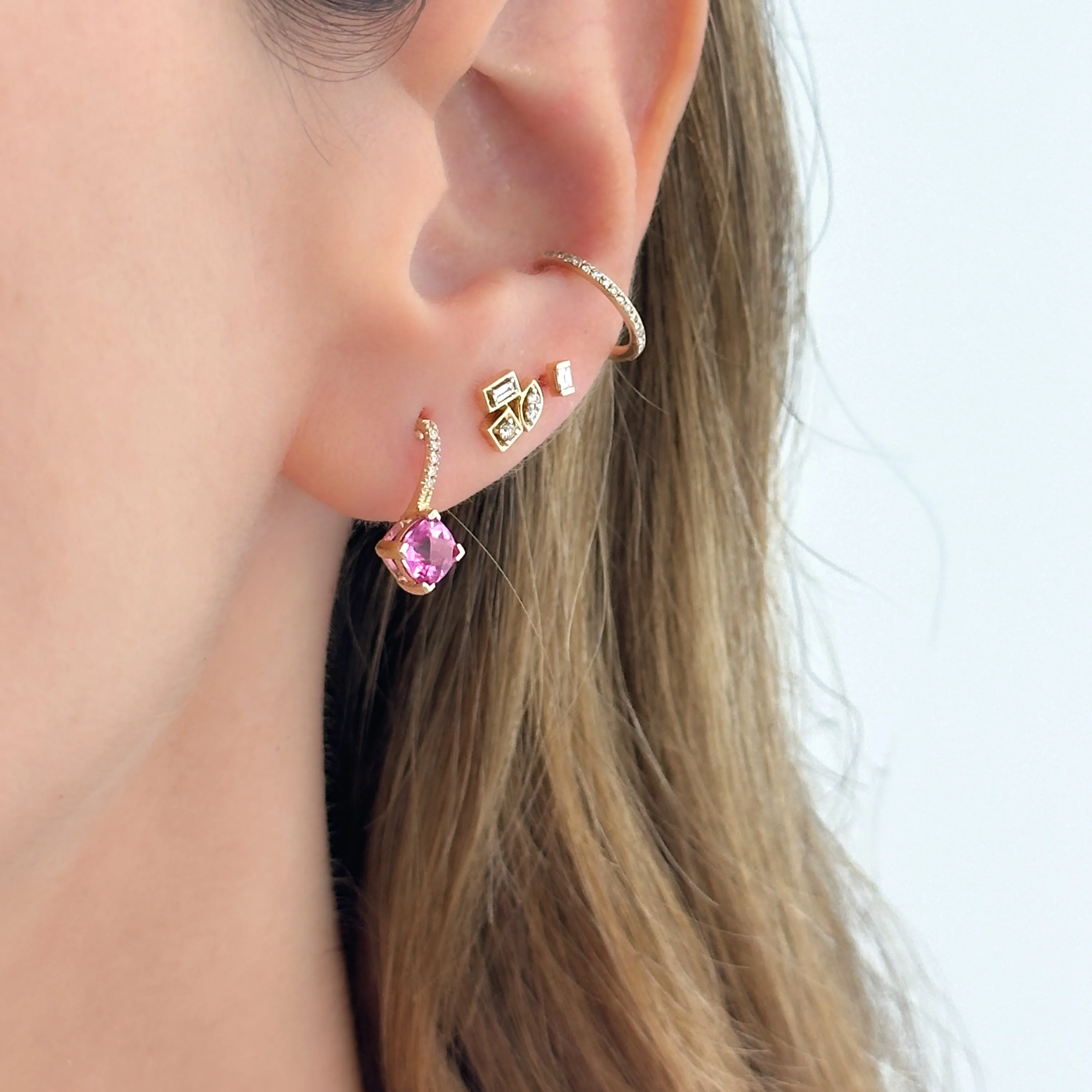 14K Gold Princess Cut Pink Topaz and Diamonds Earrings
