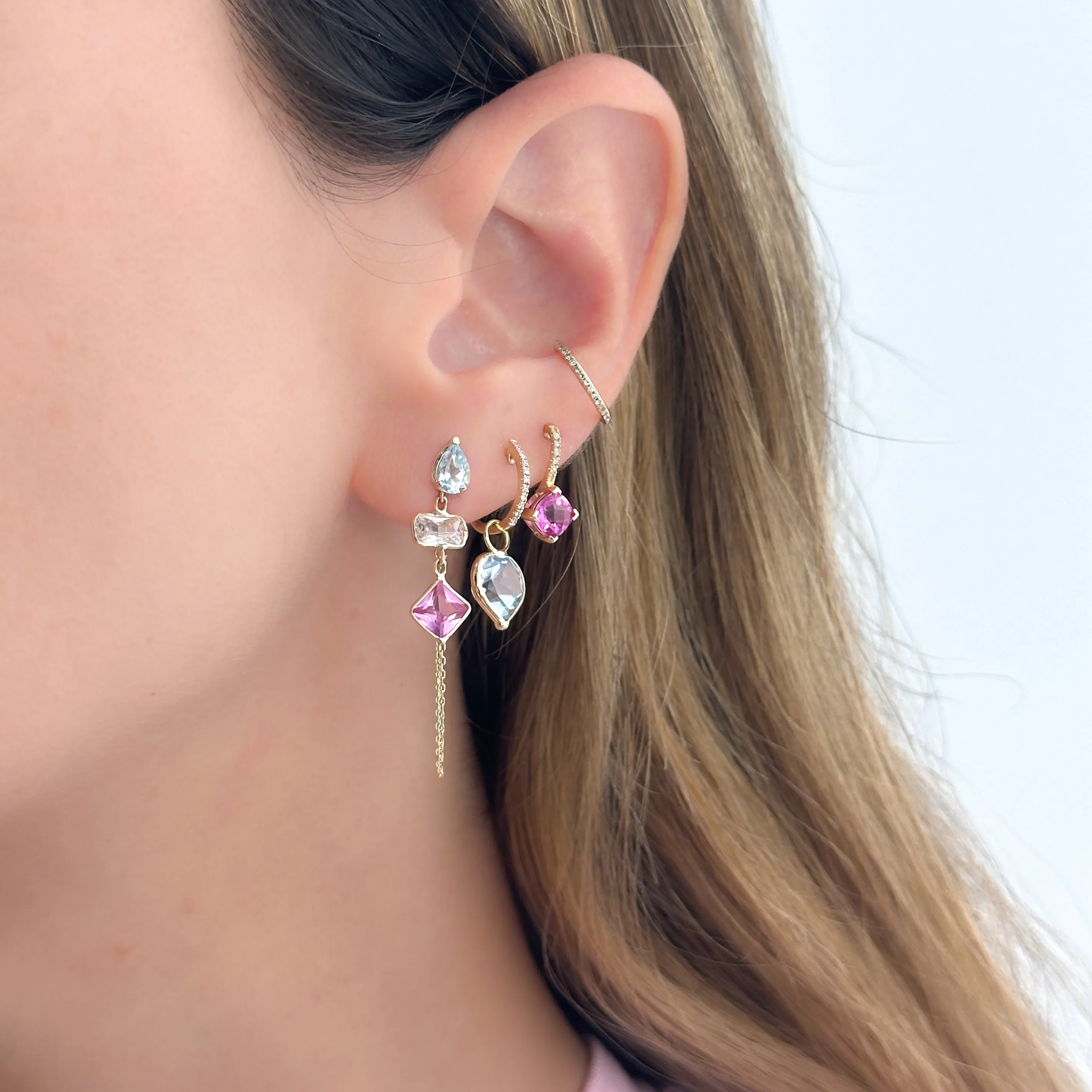 14K Gold Princess Cut Pink Topaz and Diamonds Earrings