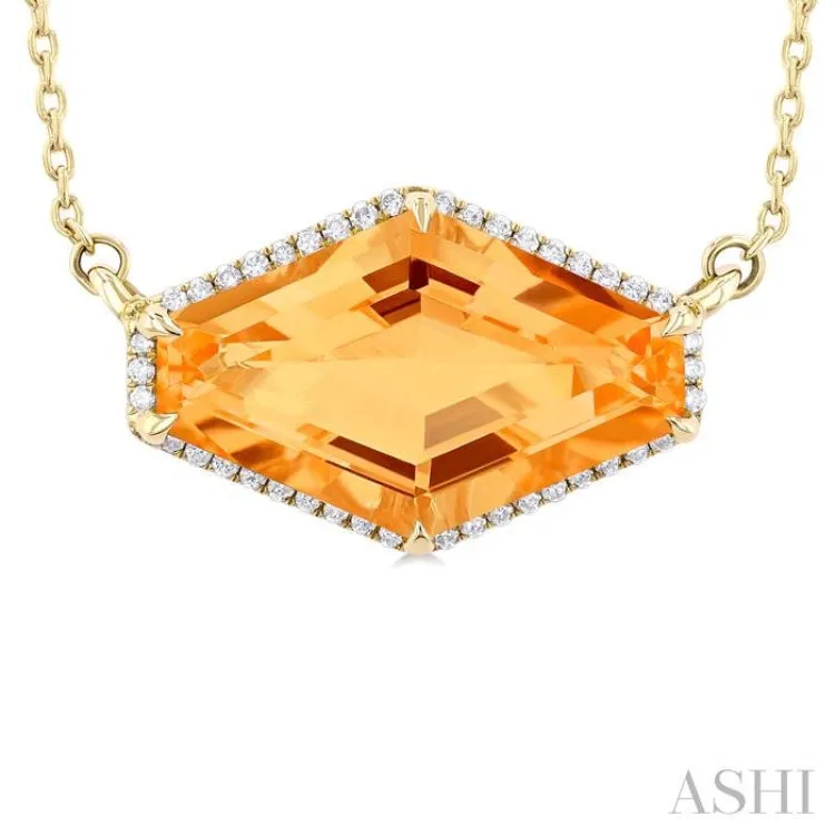 16x10 MM Hexagon Shape Citrine and 1/10 ctw Round Cut Diamond Halo Semi Precious Pendant With Chain in 14K Yellow Gold