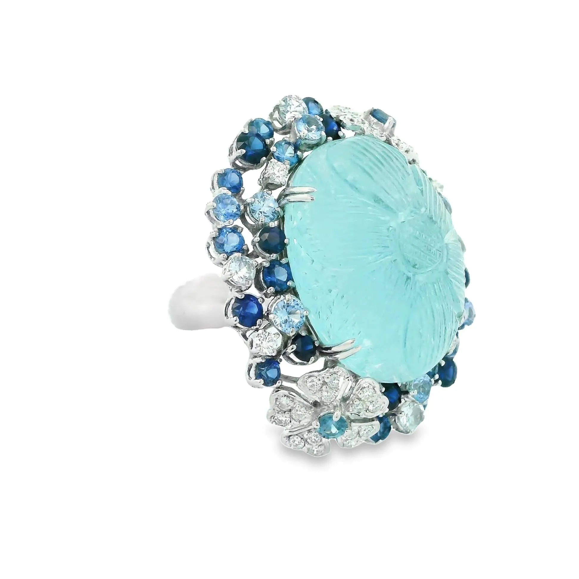 25.33 Carat Curved Aquamarine Diamond Sapphire 18k W Gold Floral Cocktail Ring