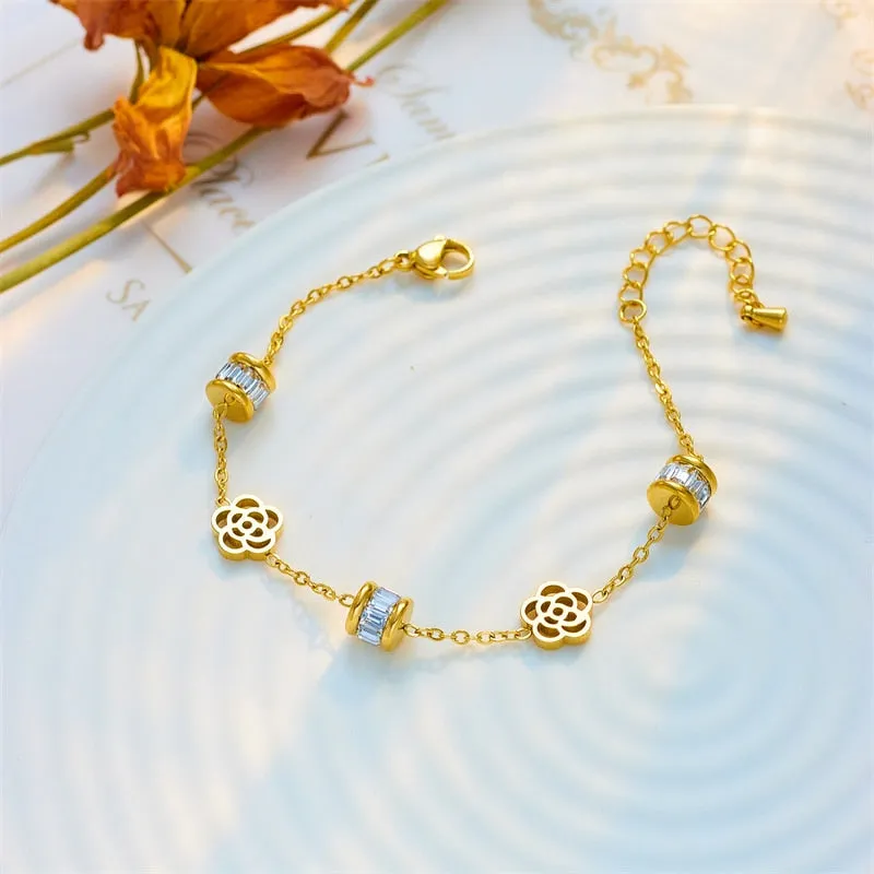 316L Stainless Steel Gold Color Flower Zircon Charm Bracelet For Women