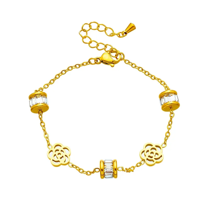 316L Stainless Steel Gold Color Flower Zircon Charm Bracelet For Women