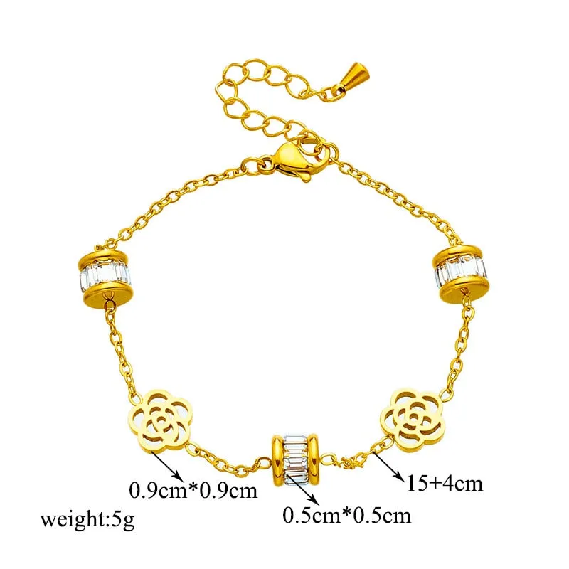 316L Stainless Steel Gold Color Flower Zircon Charm Bracelet For Women