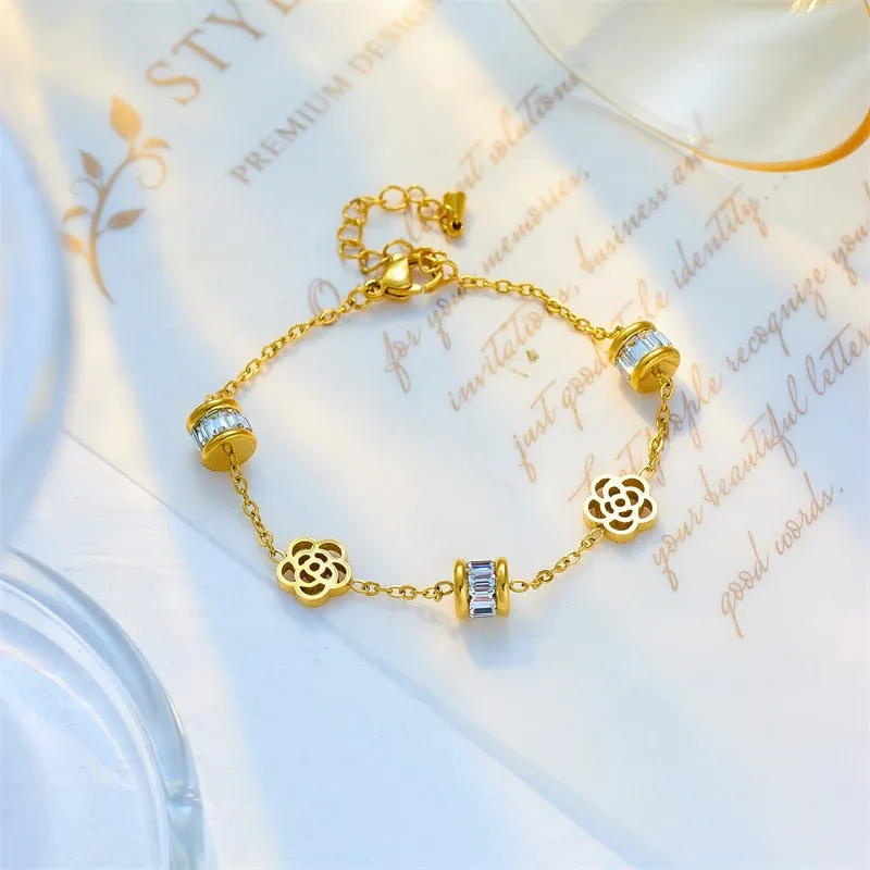 316L Stainless Steel Gold Color Flower Zircon Charm Bracelet For Women