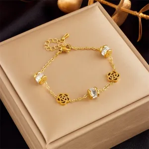 316L Stainless Steel Gold Color Flower Zircon Charm Bracelet For Women