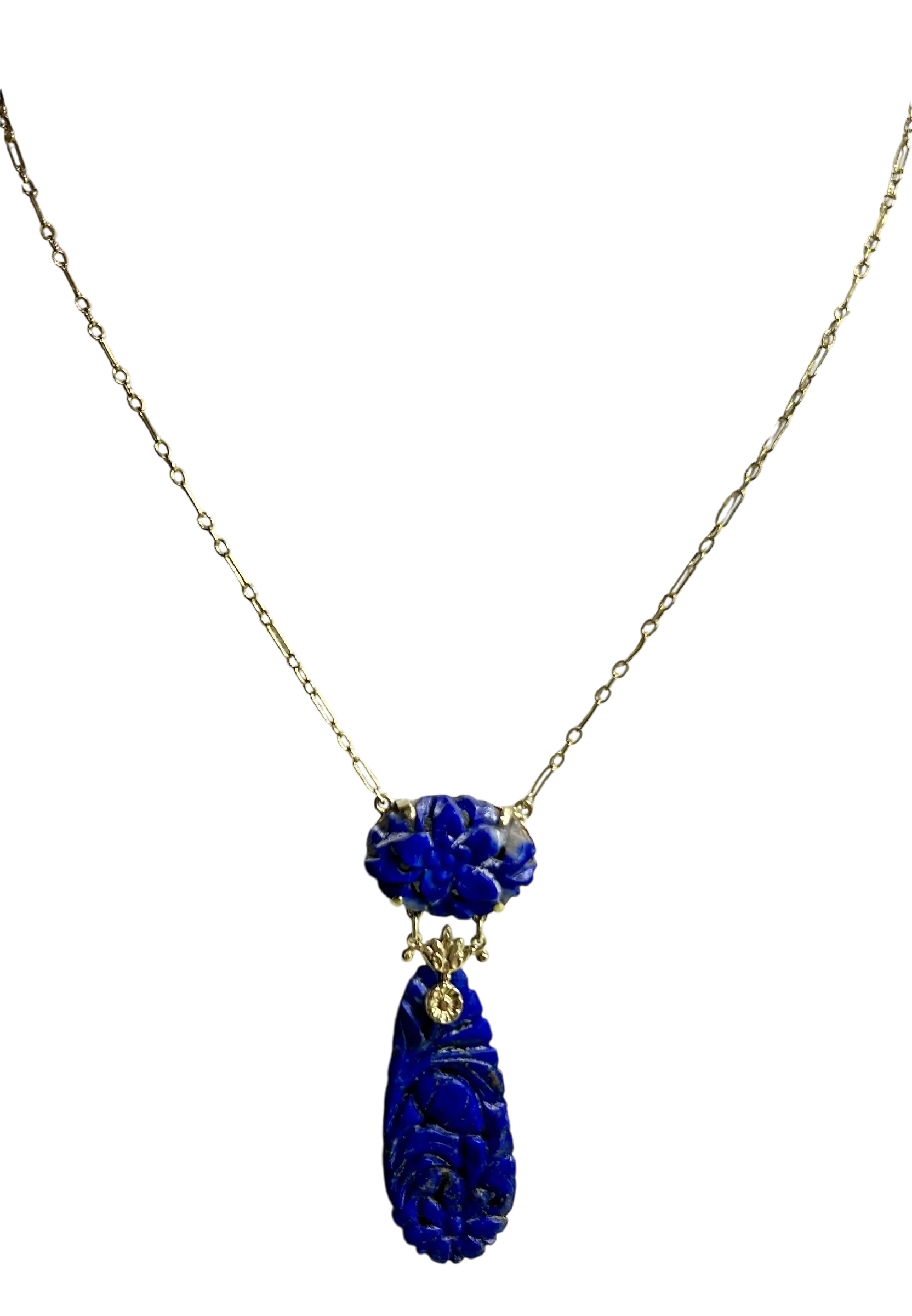 Art Deco 14K Gold and Carved Lapis Necklace