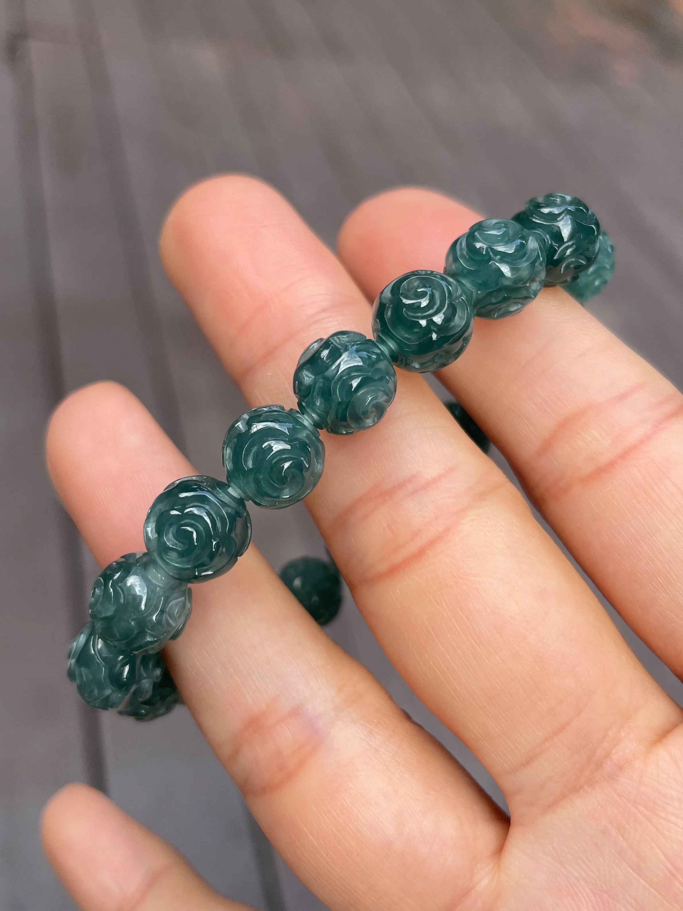 Bluish Green Jade Bracelet - Round Carved Beads (NJBA058)