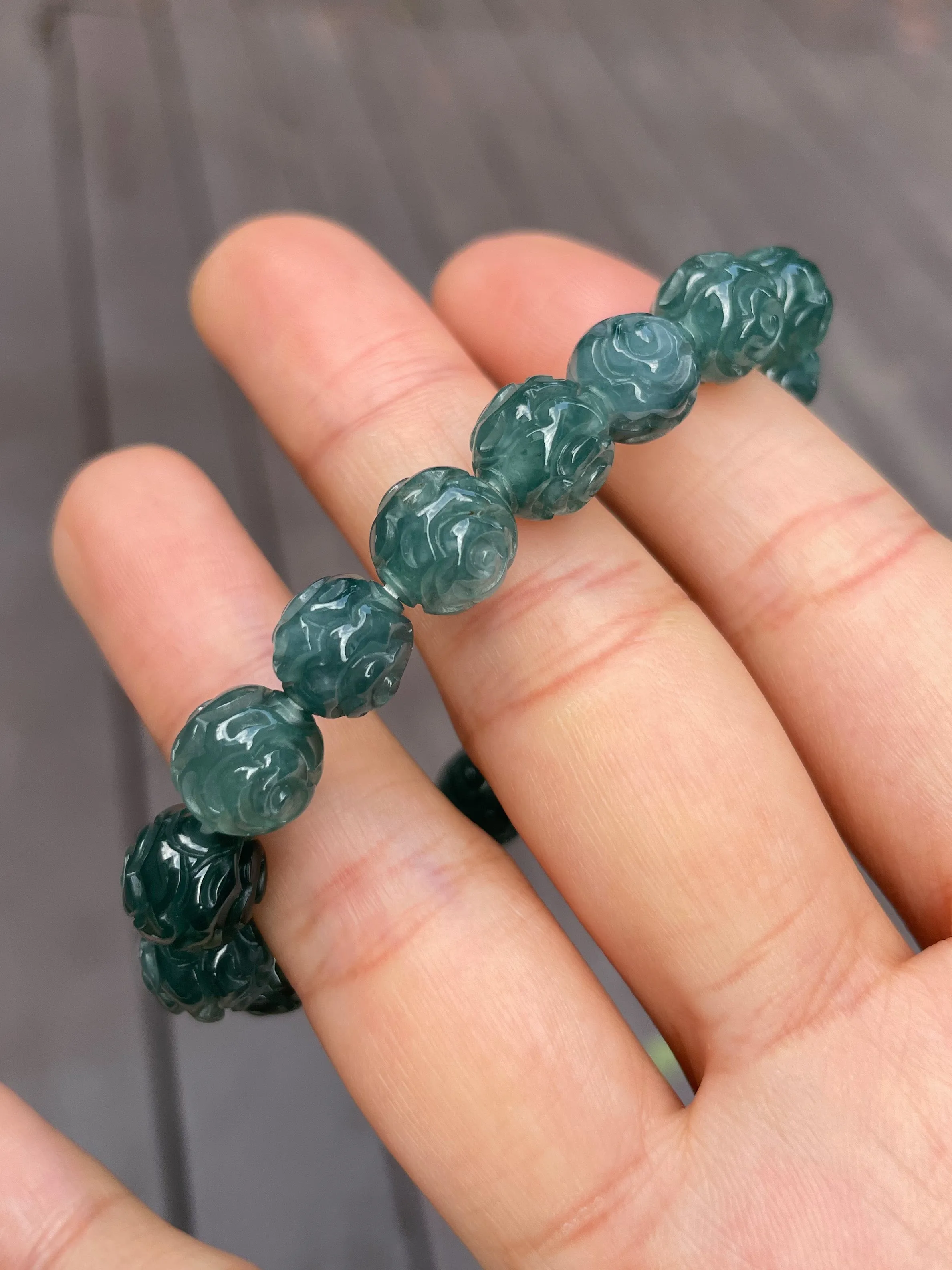 Bluish Green Jade Bracelet - Round Carved Beads (NJBA058)
