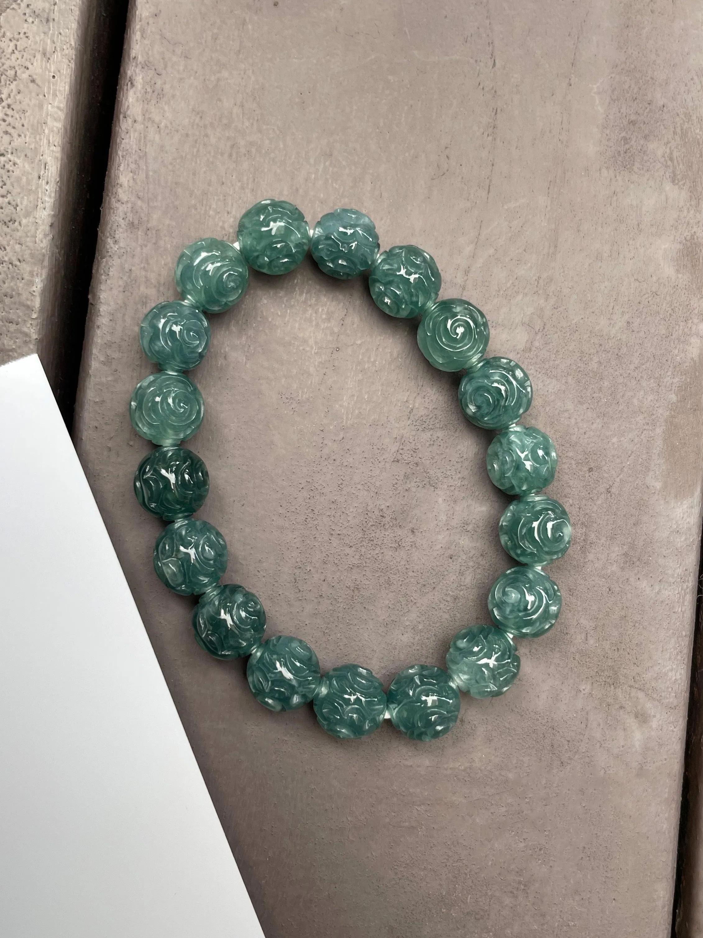 Bluish Green Jade Bracelet - Round Carved Beads (NJBA058)