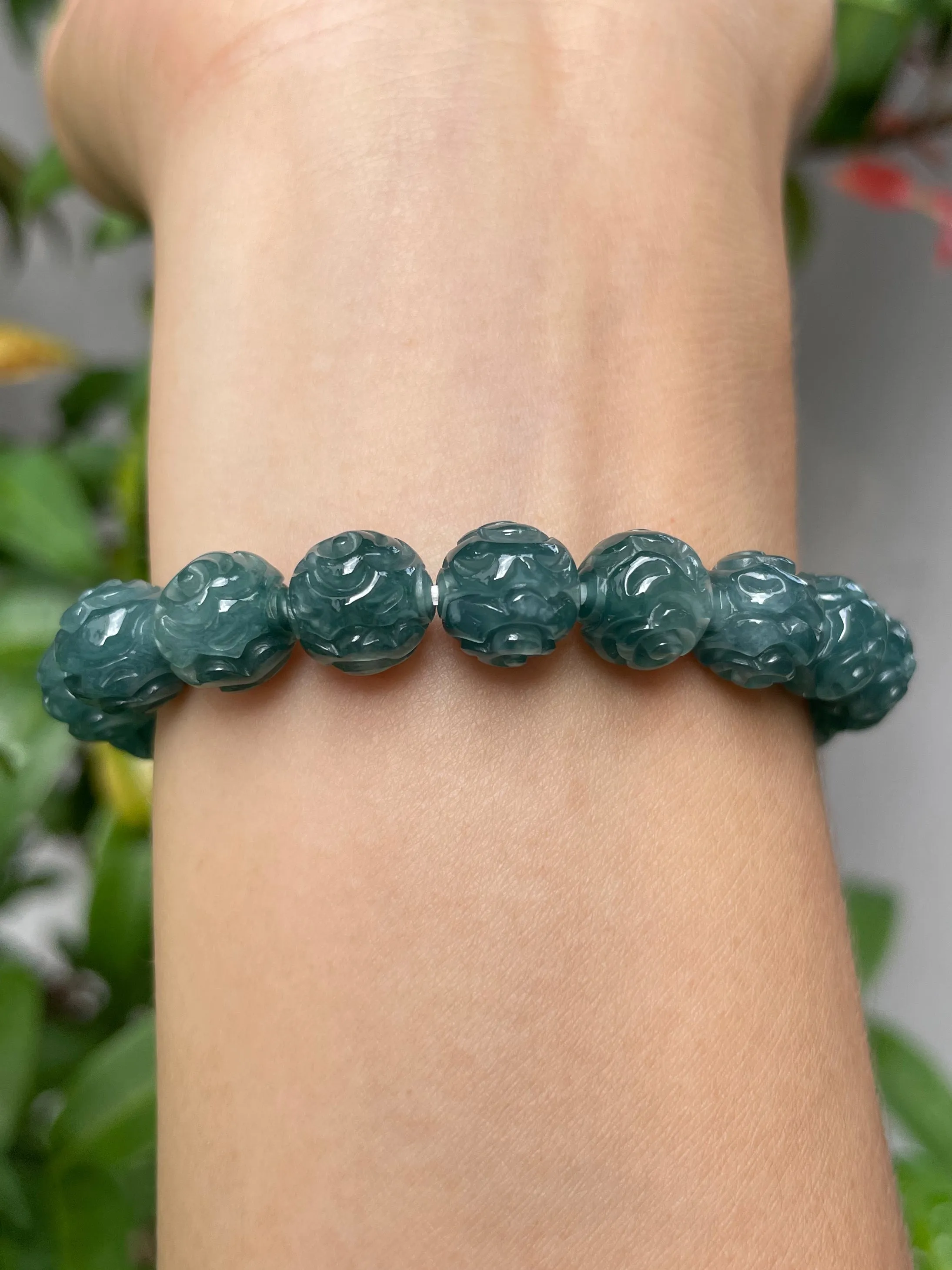 Bluish Green Jade Bracelet - Round Carved Beads (NJBA058)