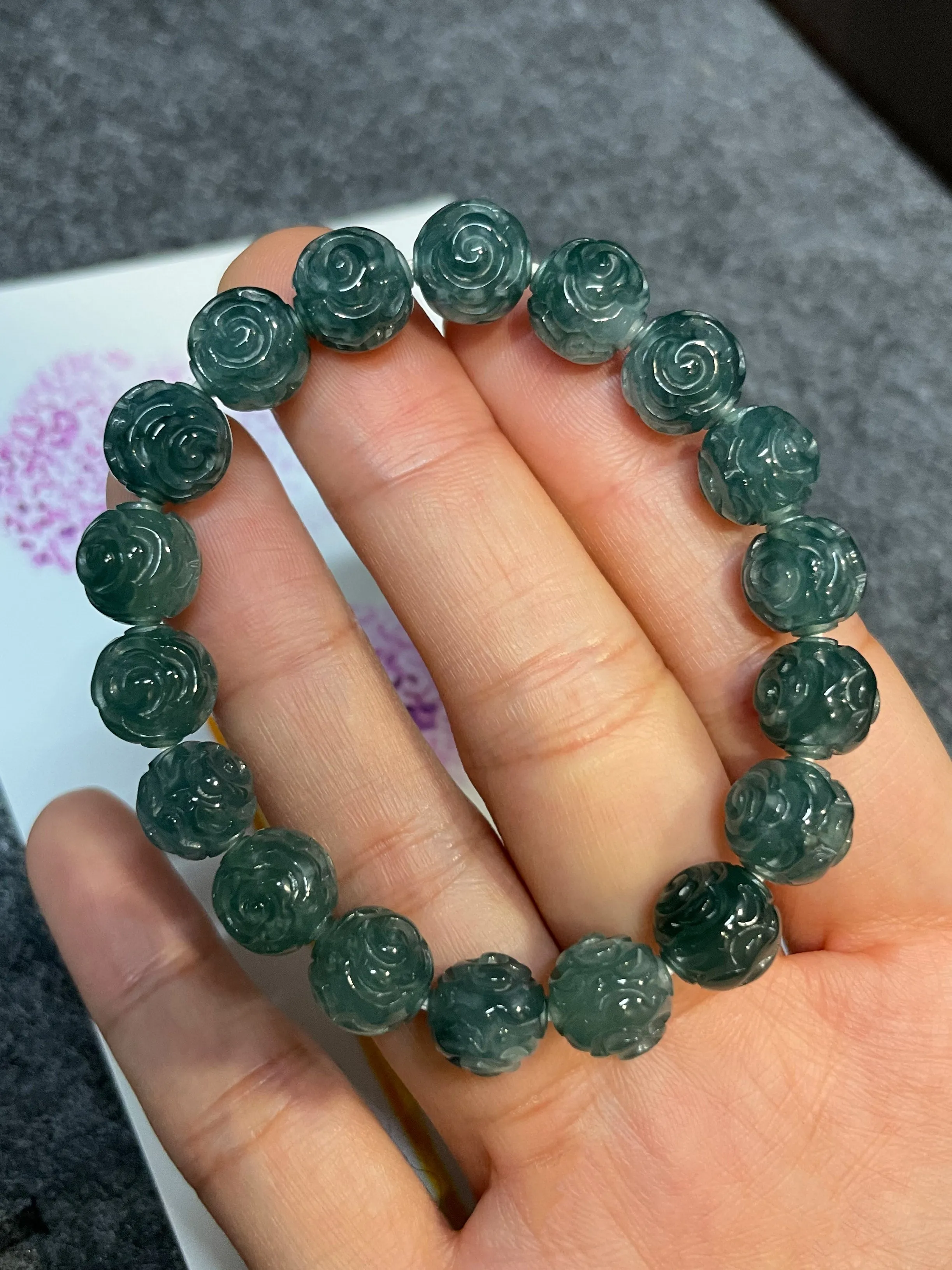 Bluish Green Jade Bracelet - Round Carved Beads (NJBA058)