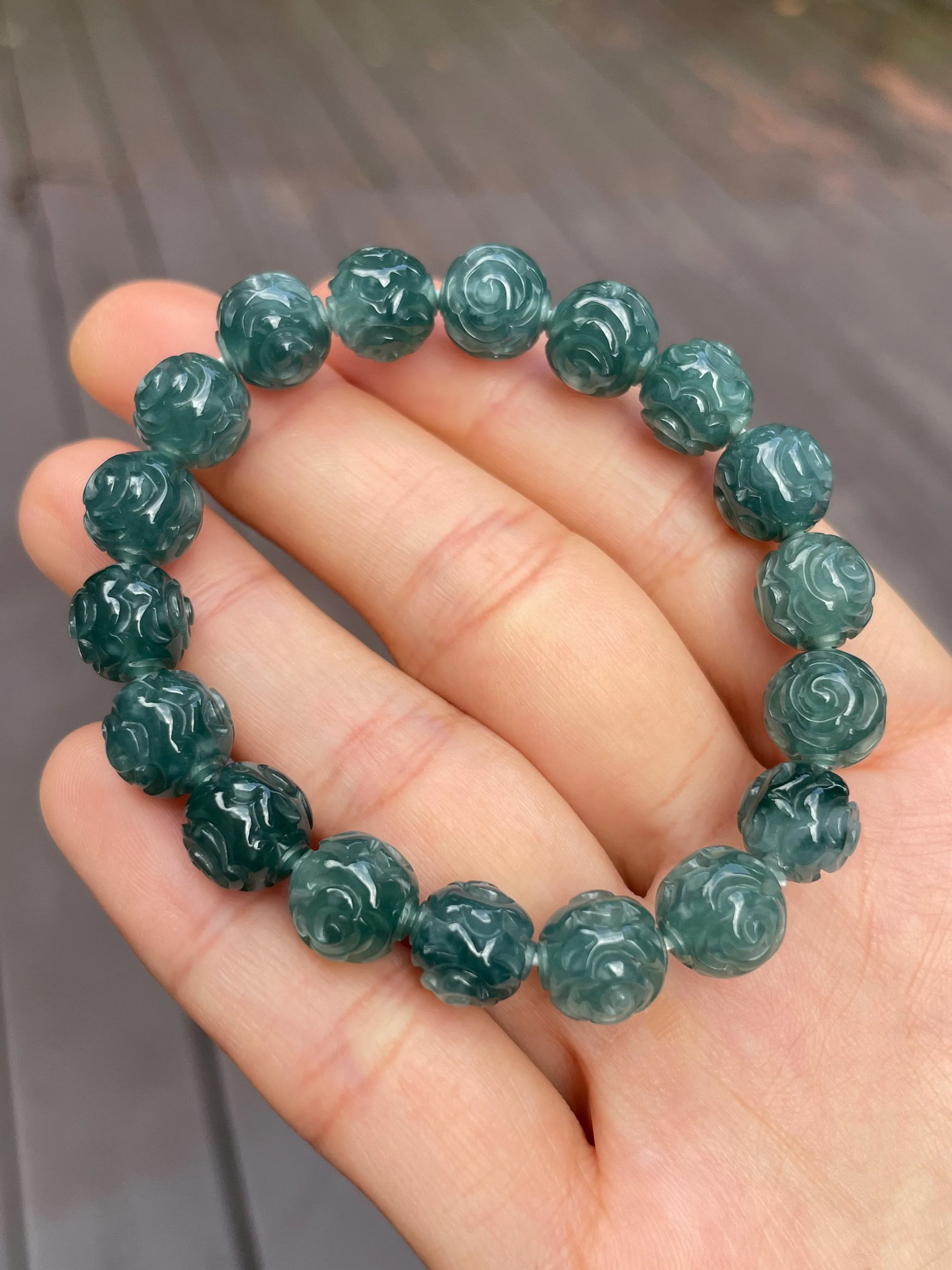 Bluish Green Jade Bracelet - Round Carved Beads (NJBA058)