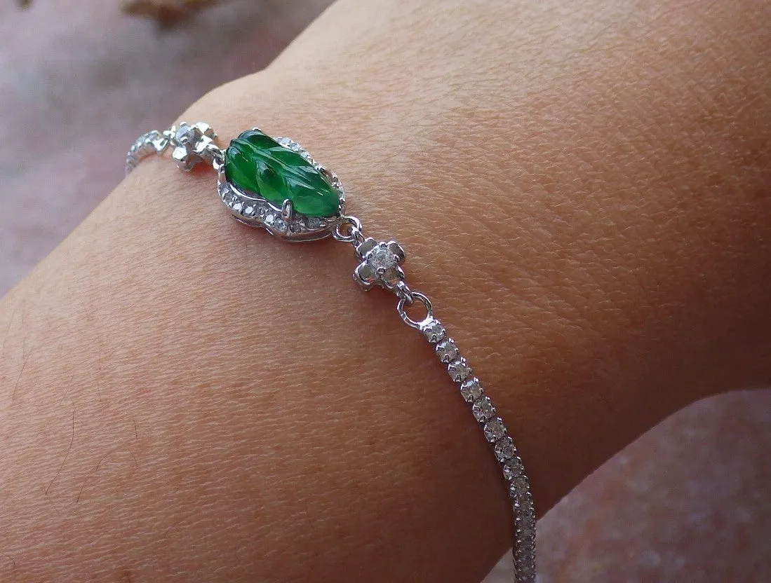 Certified Sterling Silver 925 100% Green Natural Hand Carved Myanmar Burma A Jade Jadeite Bead Beads Leaf Bracelet