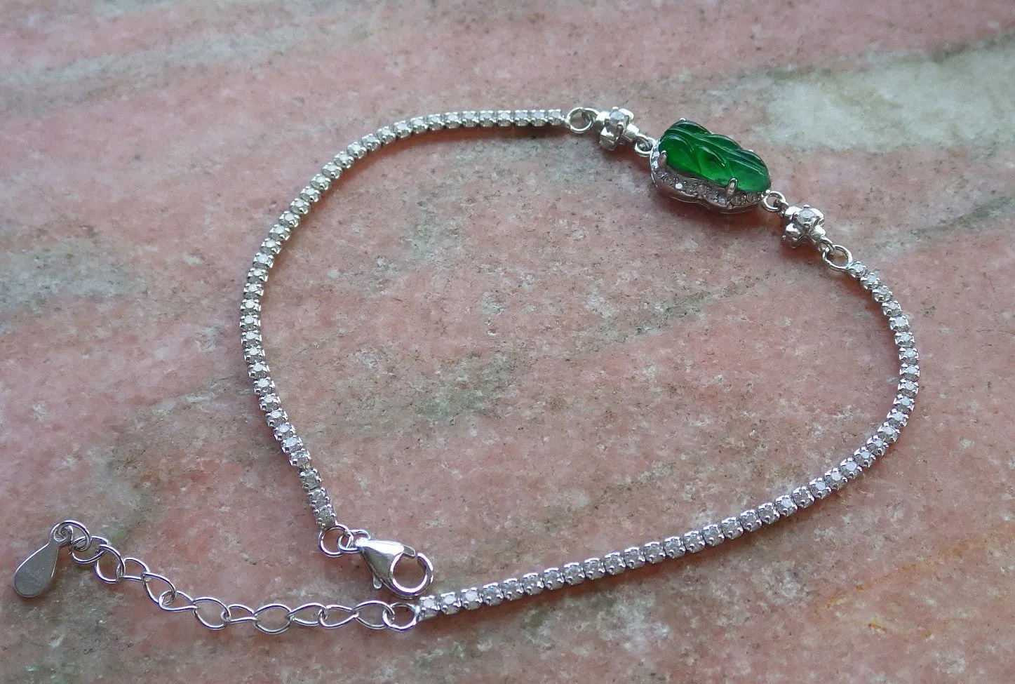 Certified Sterling Silver 925 100% Green Natural Hand Carved Myanmar Burma A Jade Jadeite Bead Beads Leaf Bracelet