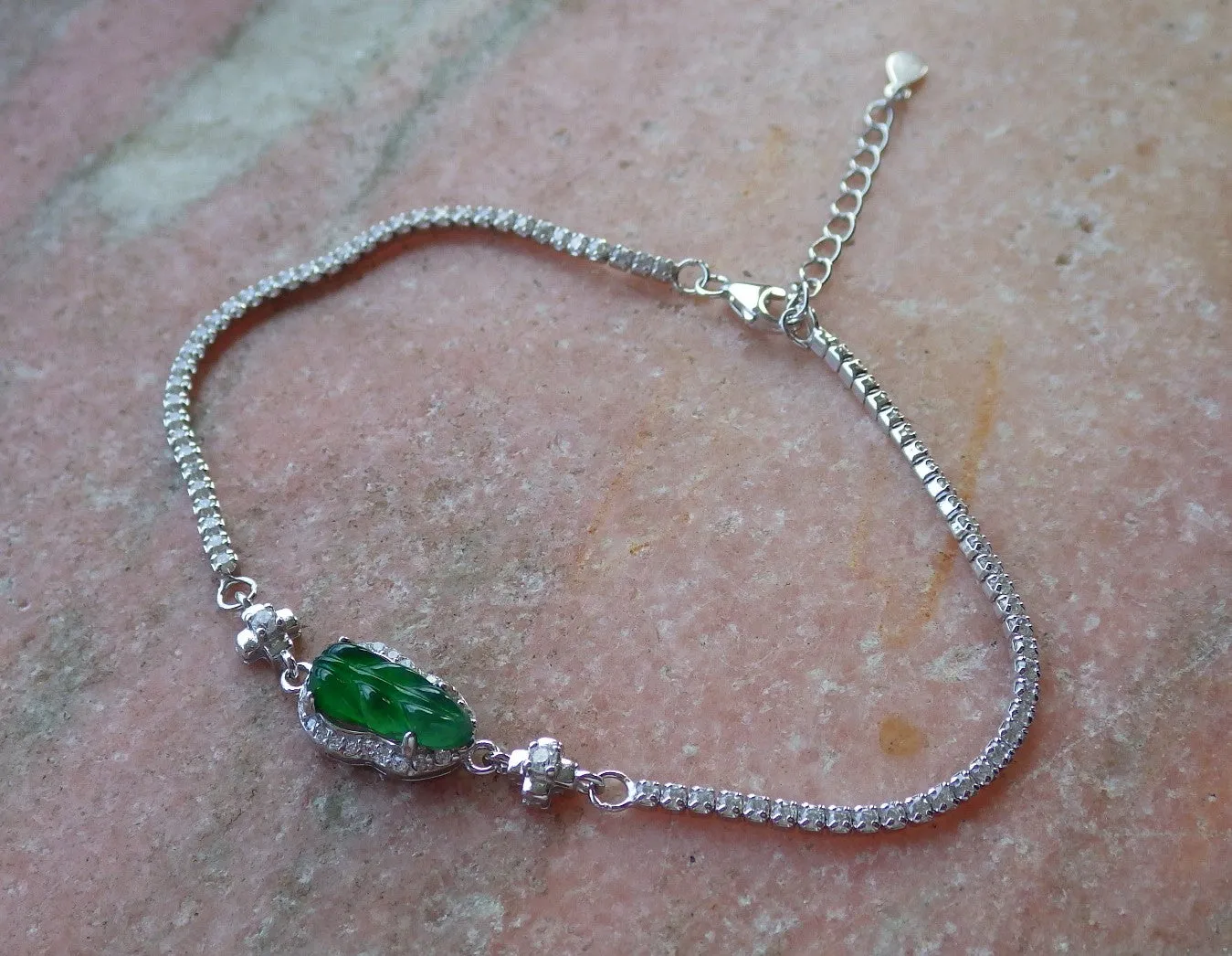Certified Sterling Silver 925 100% Green Natural Hand Carved Myanmar Burma A Jade Jadeite Bead Beads Leaf Bracelet