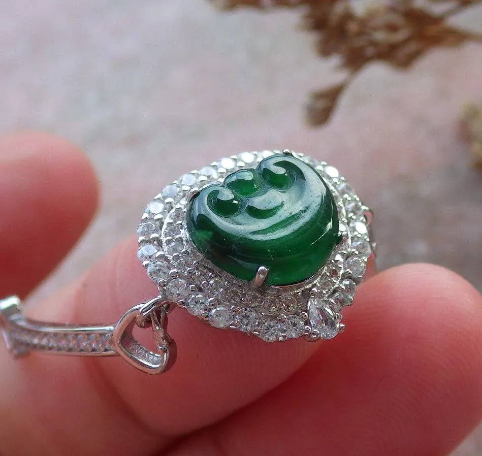 Certified Sterling Silver 925 100% Green Natural Hand Carved Myanmar Burma A Jade Jadeite Bead Beads Lotus Bracelet