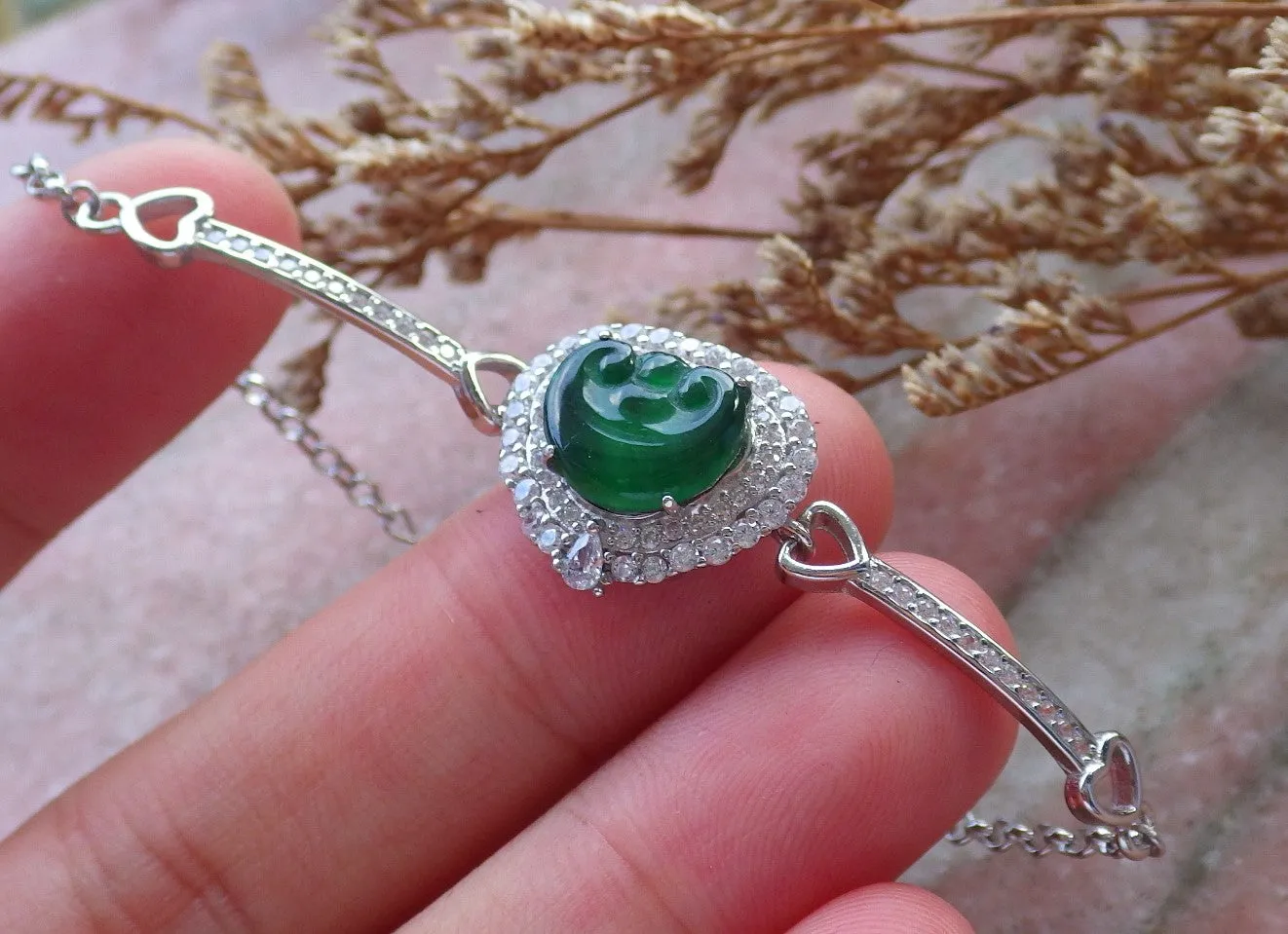 Certified Sterling Silver 925 100% Green Natural Hand Carved Myanmar Burma A Jade Jadeite Bead Beads Lotus Bracelet
