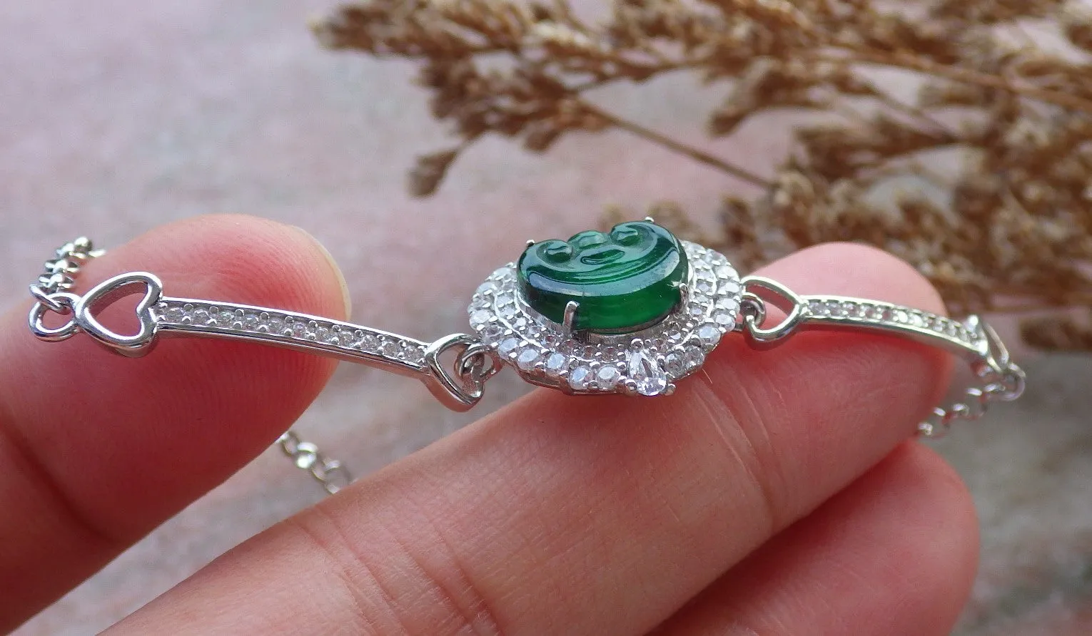 Certified Sterling Silver 925 100% Green Natural Hand Carved Myanmar Burma A Jade Jadeite Bead Beads Lotus Bracelet