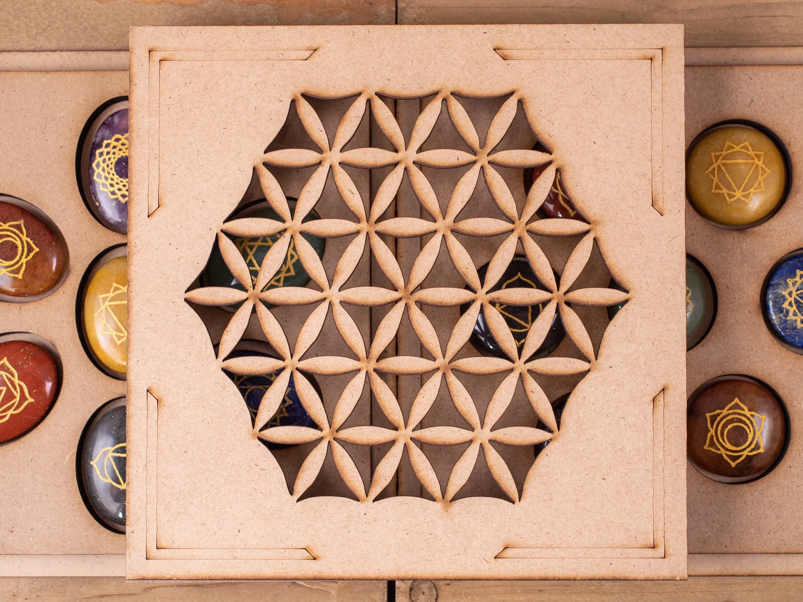 CHAKRA Crystals in Crystal Grid Board Wooden Box - Flower of Life - Healing Crystals Set, Self Care Box, Beginner Crystal Kit, E1757