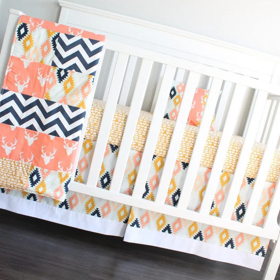 Clearance. Quilt, crib sheet and nursery pillow 3 Piece baby girl crib set. Woodland Aztec deer coral, navy, mint girl crib baby bedding.