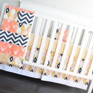 Clearance. Quilt, crib sheet and nursery pillow 3 Piece baby girl crib set. Woodland Aztec deer coral, navy, mint girl crib baby bedding.