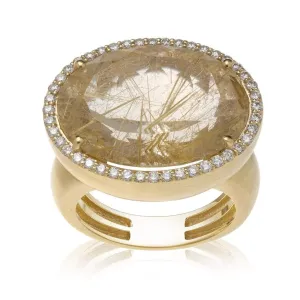 Color Collection 14KT YG Routillated Quartz & Diamonds Cocktail Ring