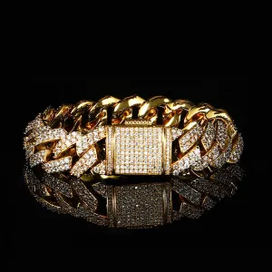 Color: Golden Width 15mm, Size: Bracelet 7 Inches - 15mm Flip Buckle Double Row Zircon Rhombus Cuban Bracelet