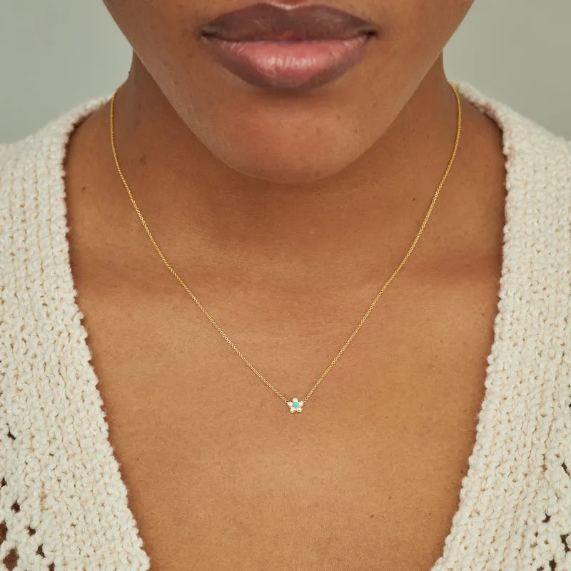 Diamond Flower Necklace with Turquoise Center