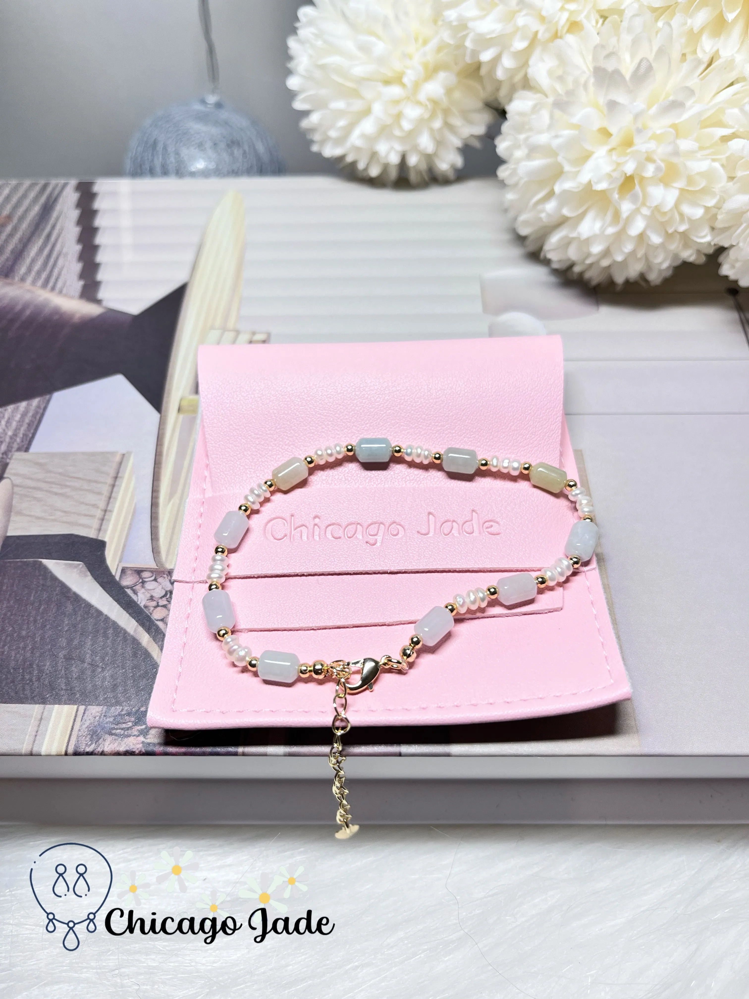 Freshwater Pearls with Natural Grade A Untreated Burma Jadeite Jade Feicui Beaded Bracelet Handmade Gift