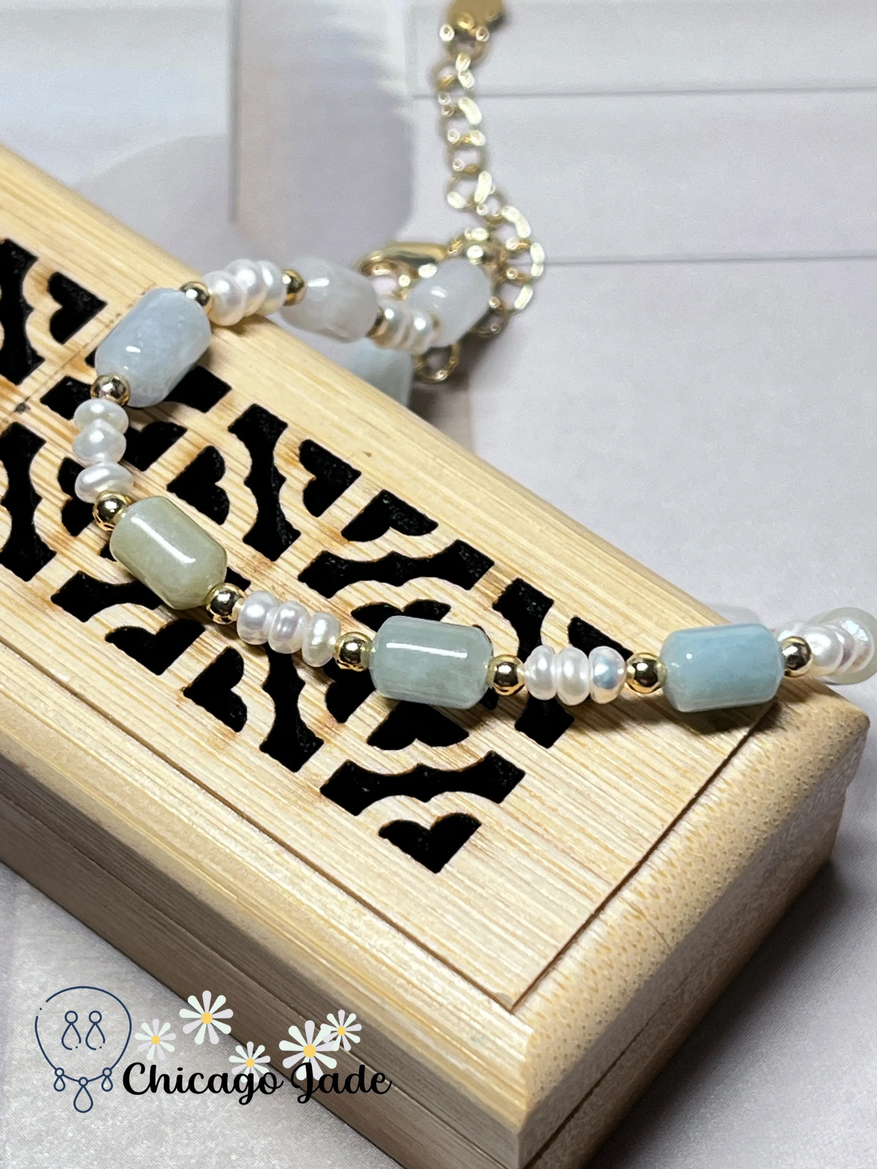 Freshwater Pearls with Natural Grade A Untreated Burma Jadeite Jade Feicui Beaded Bracelet Handmade Gift