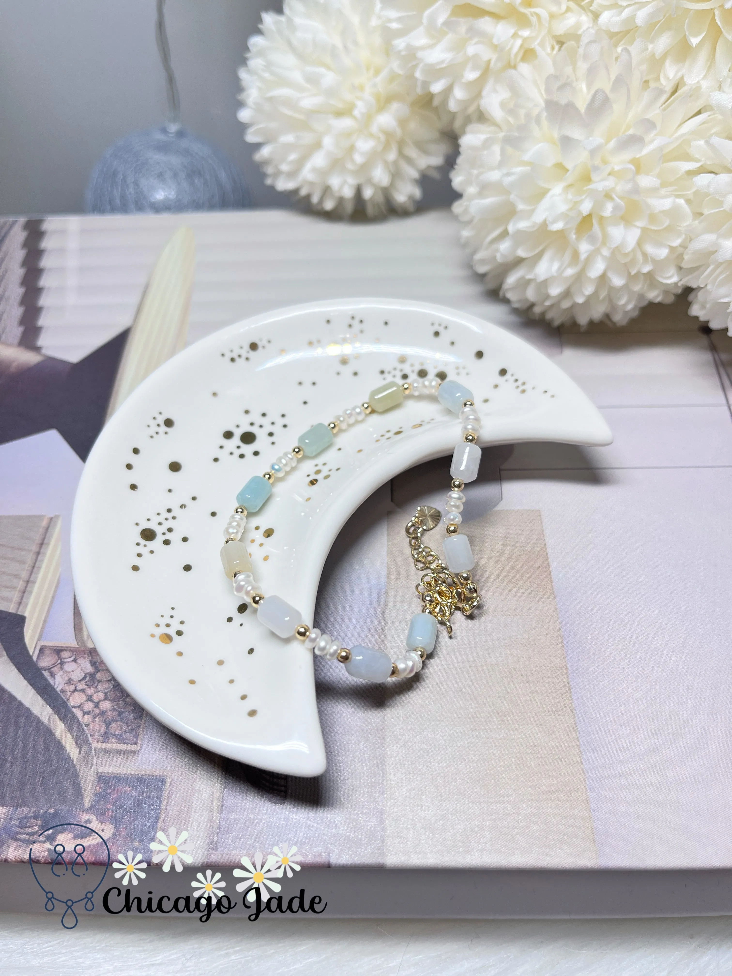 Freshwater Pearls with Natural Grade A Untreated Burma Jadeite Jade Feicui Beaded Bracelet Handmade Gift