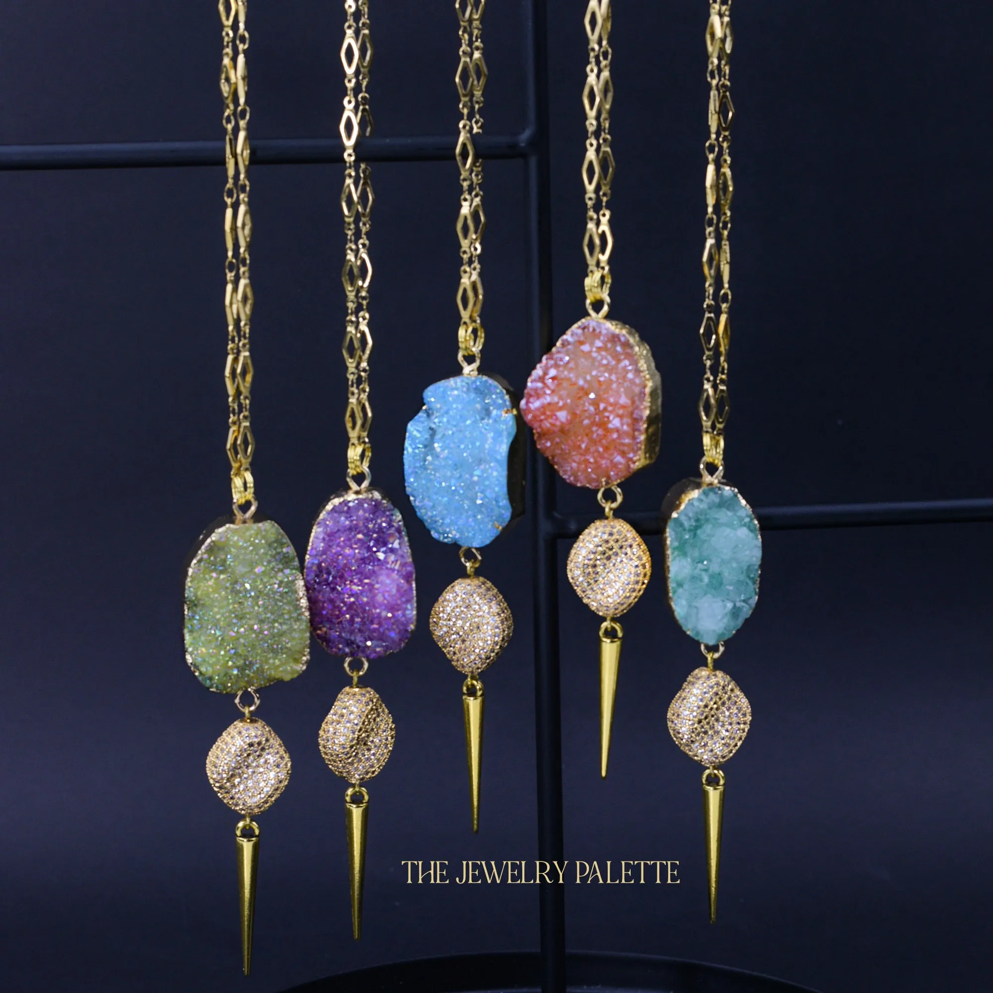 Harper chain necklaces with multicolor druzy pendants