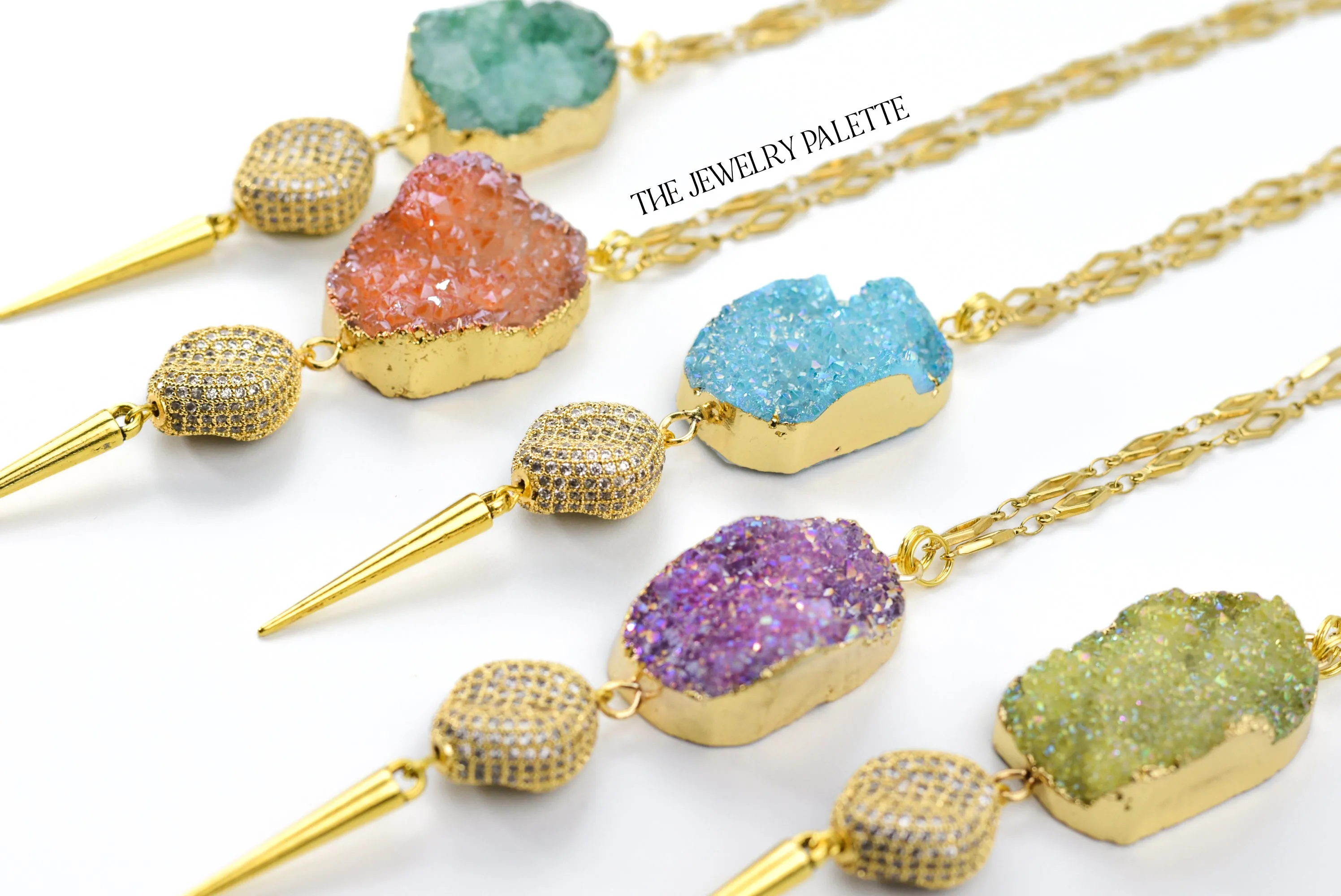 Harper chain necklaces with multicolor druzy pendants