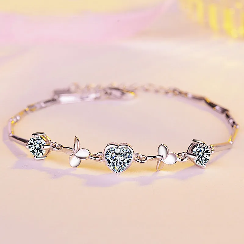Heart Zircon Lucky Clover Silver Bracelet for Women