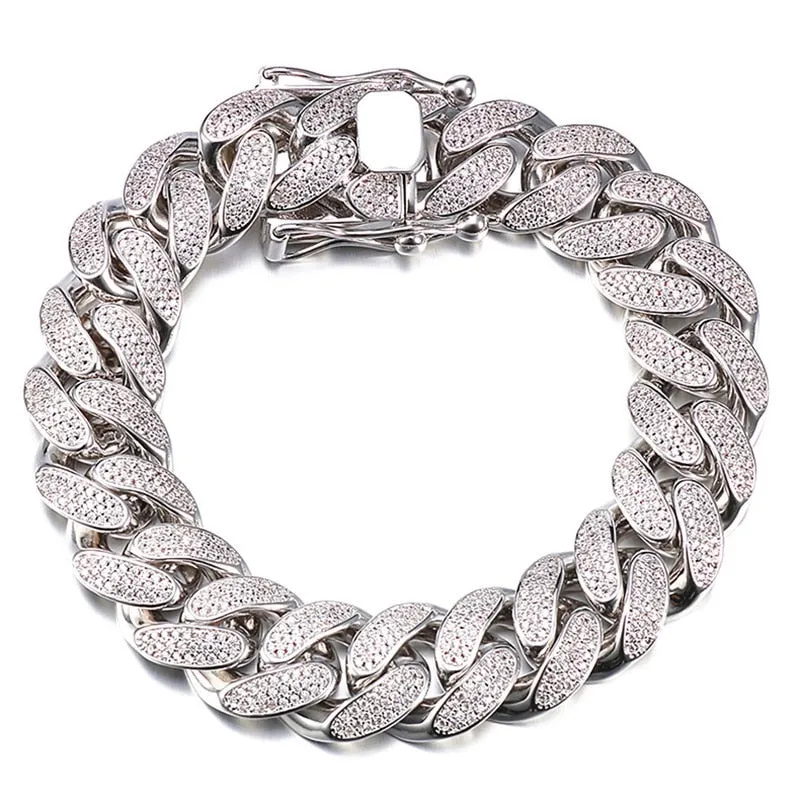 HIP HOP High-Quality Iced Out Bracelet Paved Bling Zircon Stone Gold Cuban Link Chain for Free Shipping