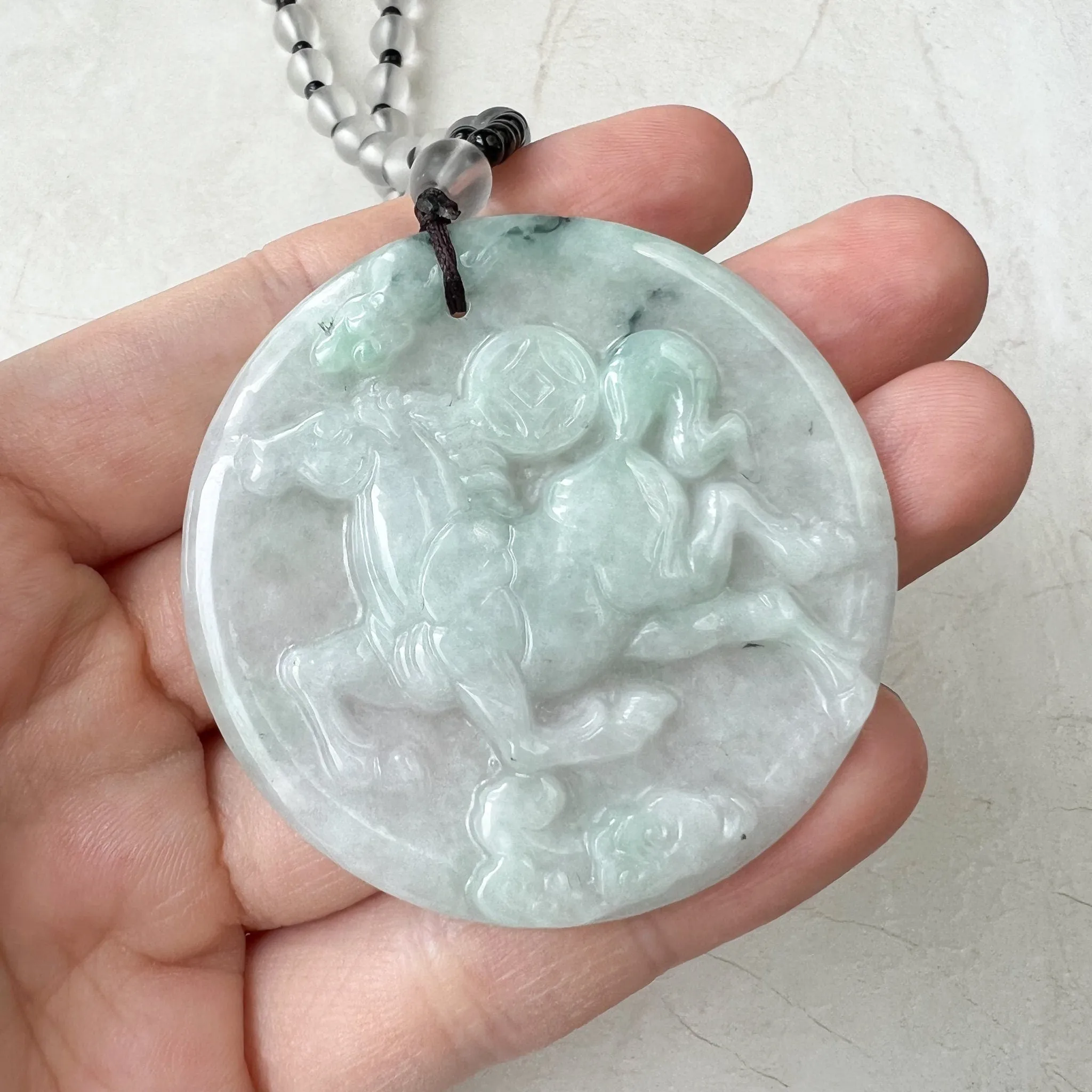 Horse Jadeite Jade Chinese Zodiac Pendant Necklace, Feng Shui Pendant, Fortune Wealth Money Coin, YJ-0322-0350832