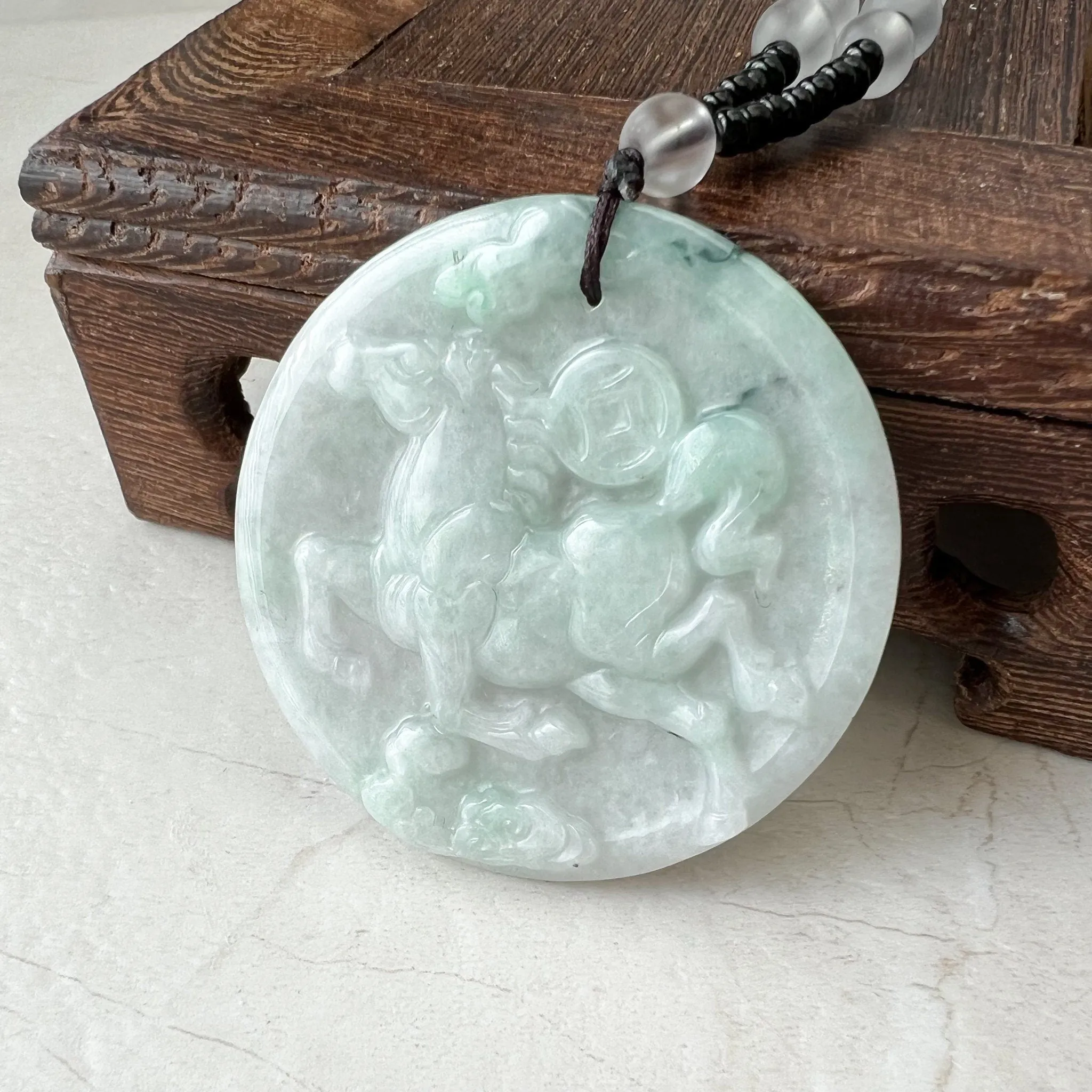 Horse Jadeite Jade Chinese Zodiac Pendant Necklace, Feng Shui Pendant, Fortune Wealth Money Coin, YJ-0322-0350832