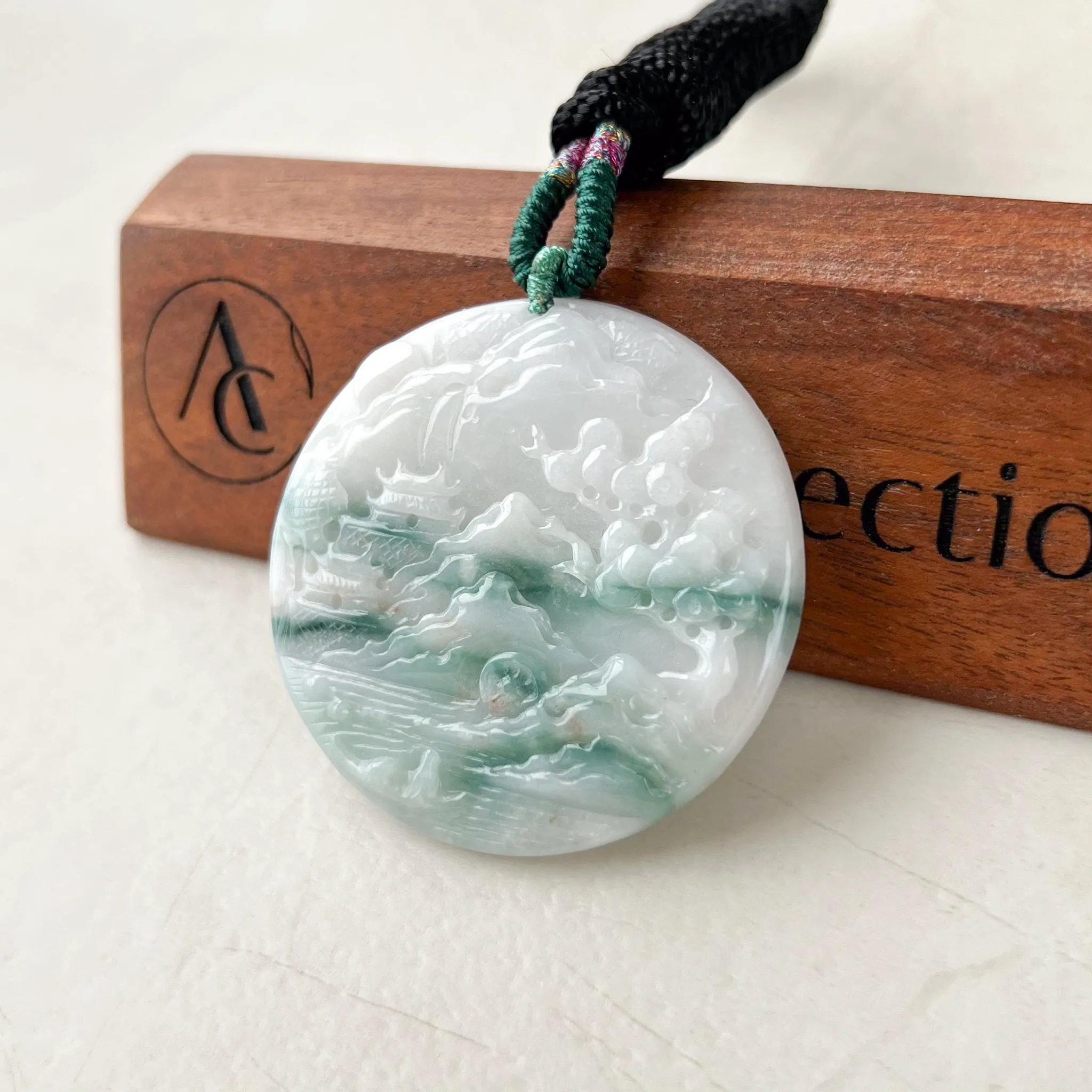 Jadeite Jade Landscape Mountain Forest River Scenery Hand Carved Pendant Necklace, YJ-0622-0395650