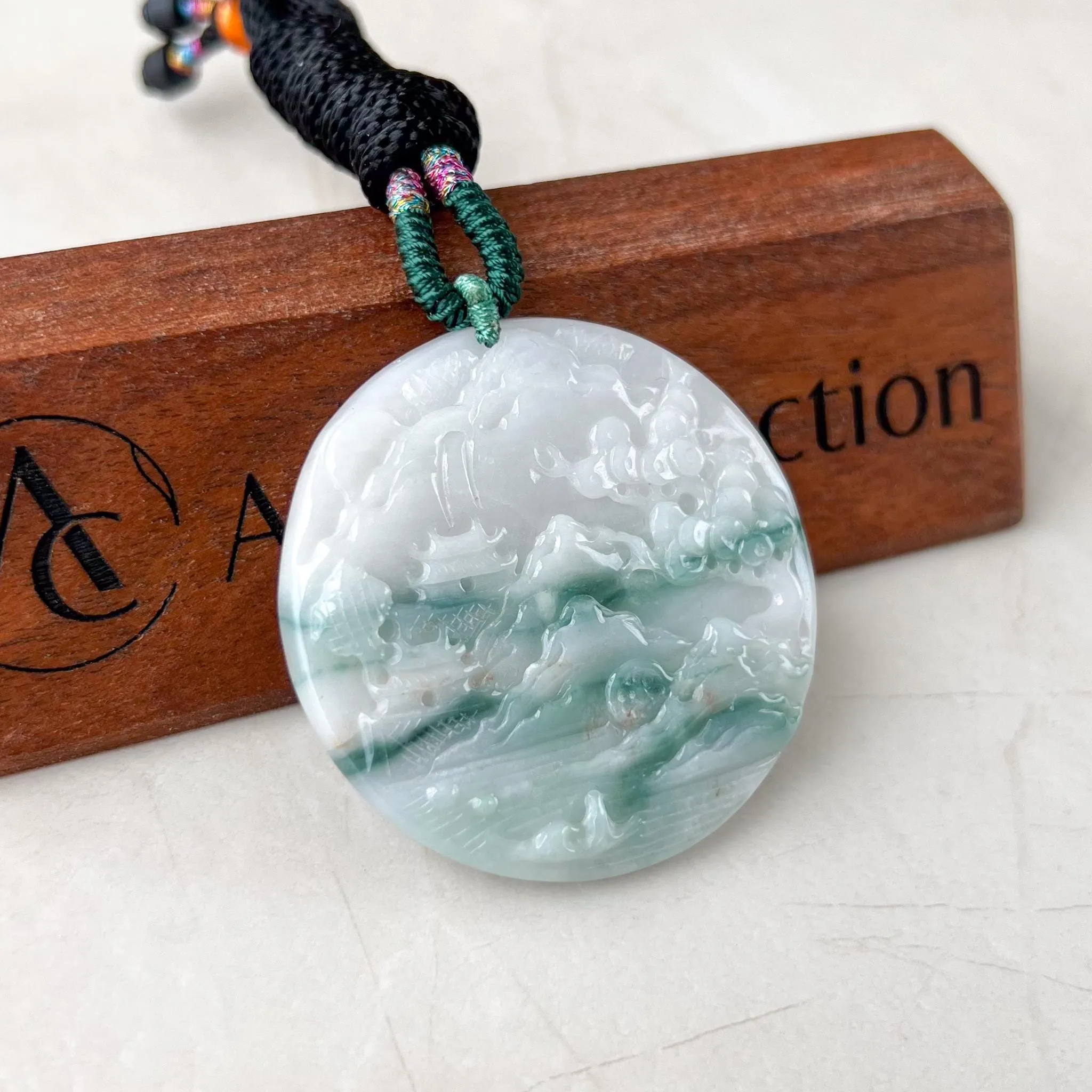 Jadeite Jade Landscape Mountain Forest River Scenery Hand Carved Pendant Necklace, YJ-0622-0395650