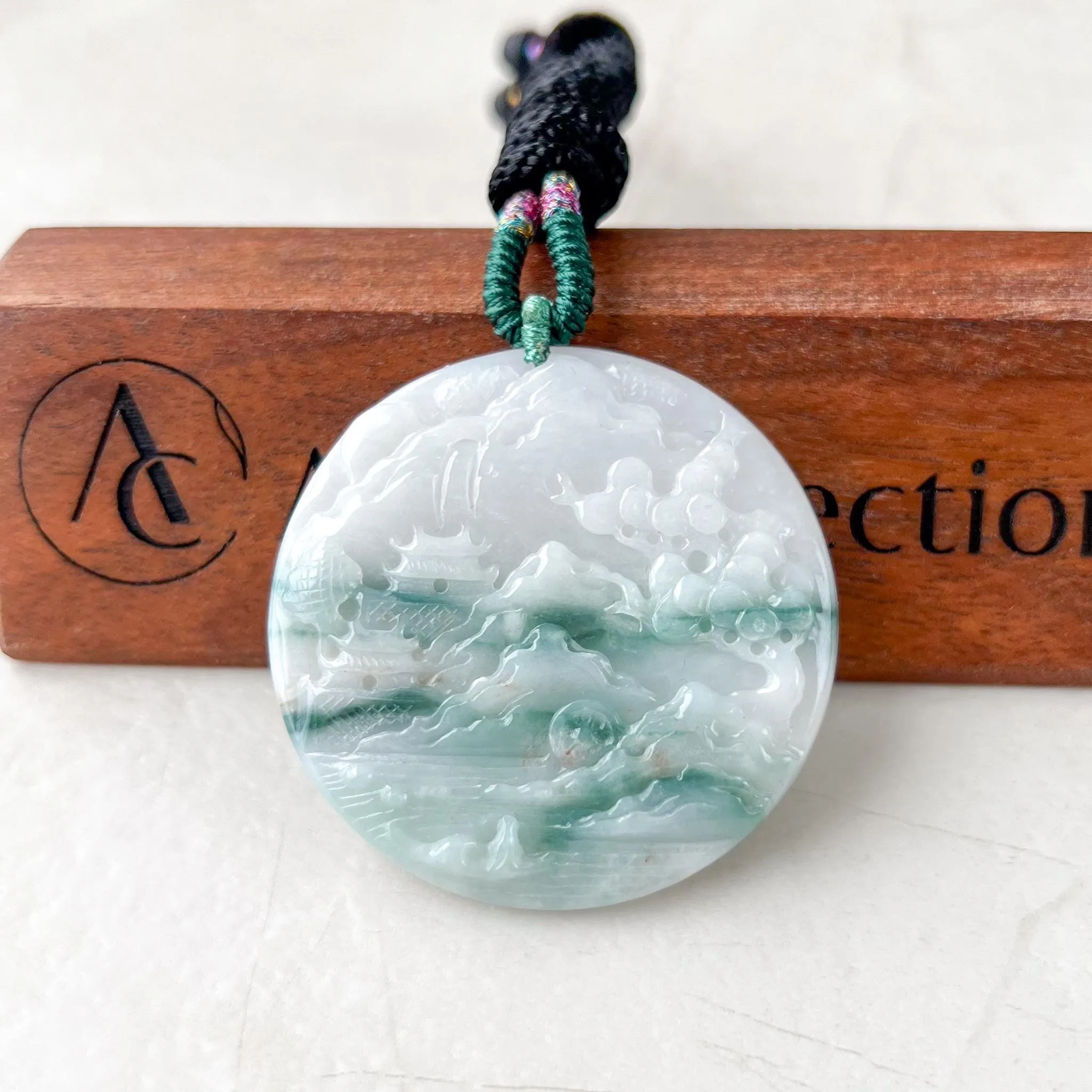 Jadeite Jade Landscape Mountain Forest River Scenery Hand Carved Pendant Necklace, YJ-0622-0395650