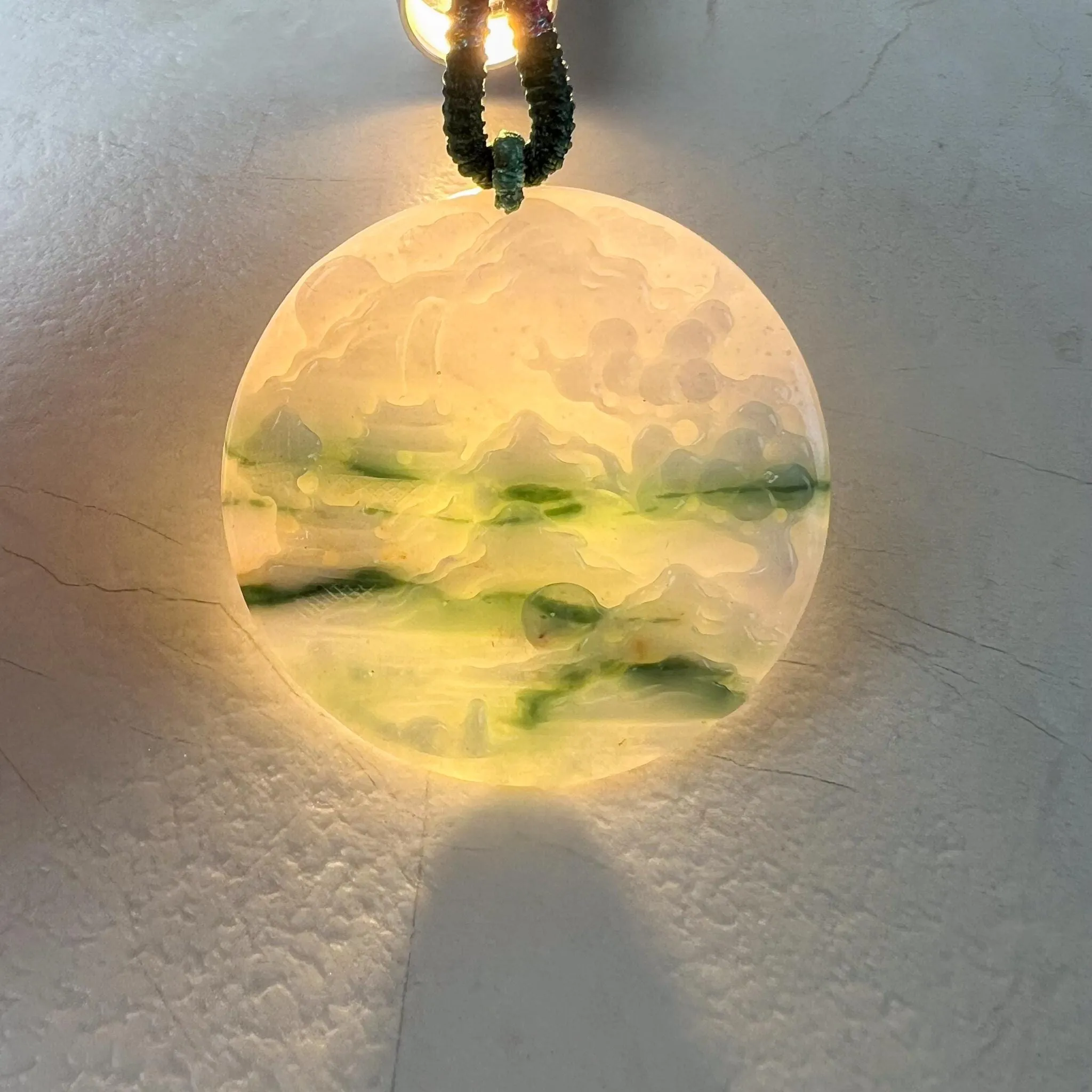 Jadeite Jade Landscape Mountain Forest River Scenery Hand Carved Pendant Necklace, YJ-0622-0395650