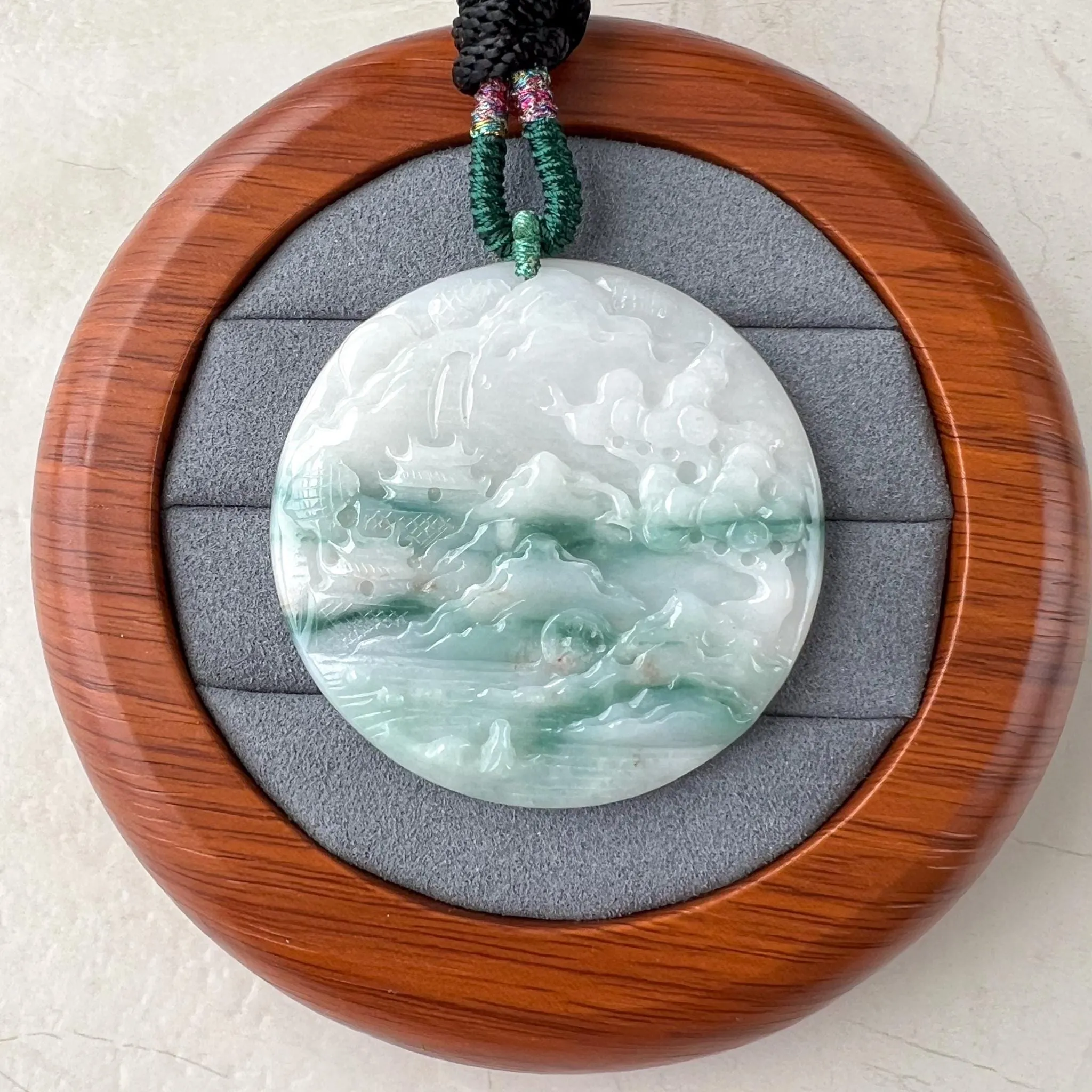 Jadeite Jade Landscape Mountain Forest River Scenery Hand Carved Pendant Necklace, YJ-0622-0395650