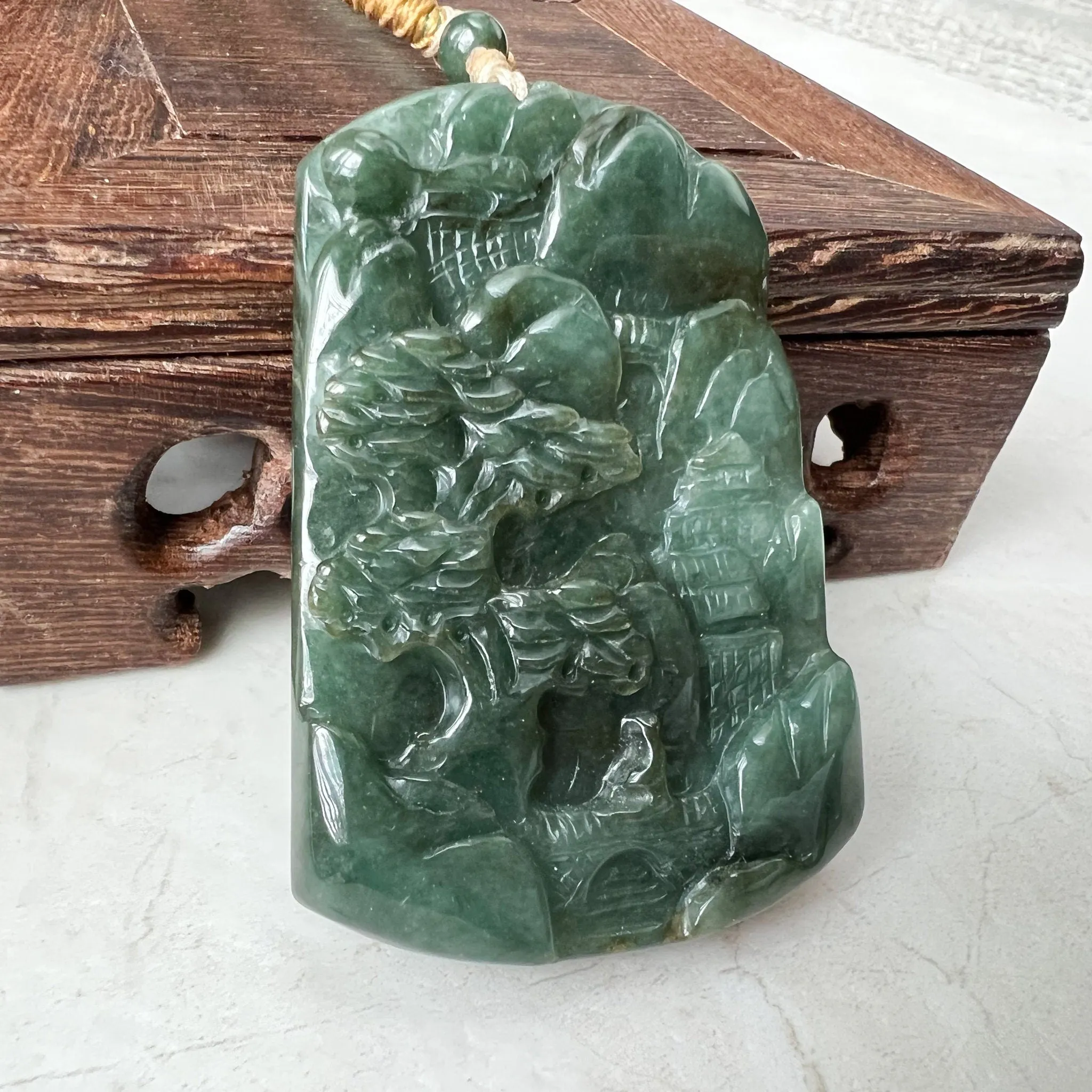 Jadeite Jade Landscape Mountain Forest River Scenery Hand Carved Pendant Necklace, YJ-1221-0170328