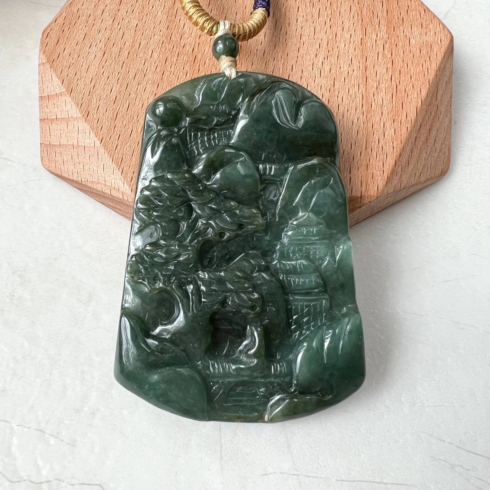 Jadeite Jade Landscape Mountain Forest River Scenery Hand Carved Pendant Necklace, YJ-1221-0170328