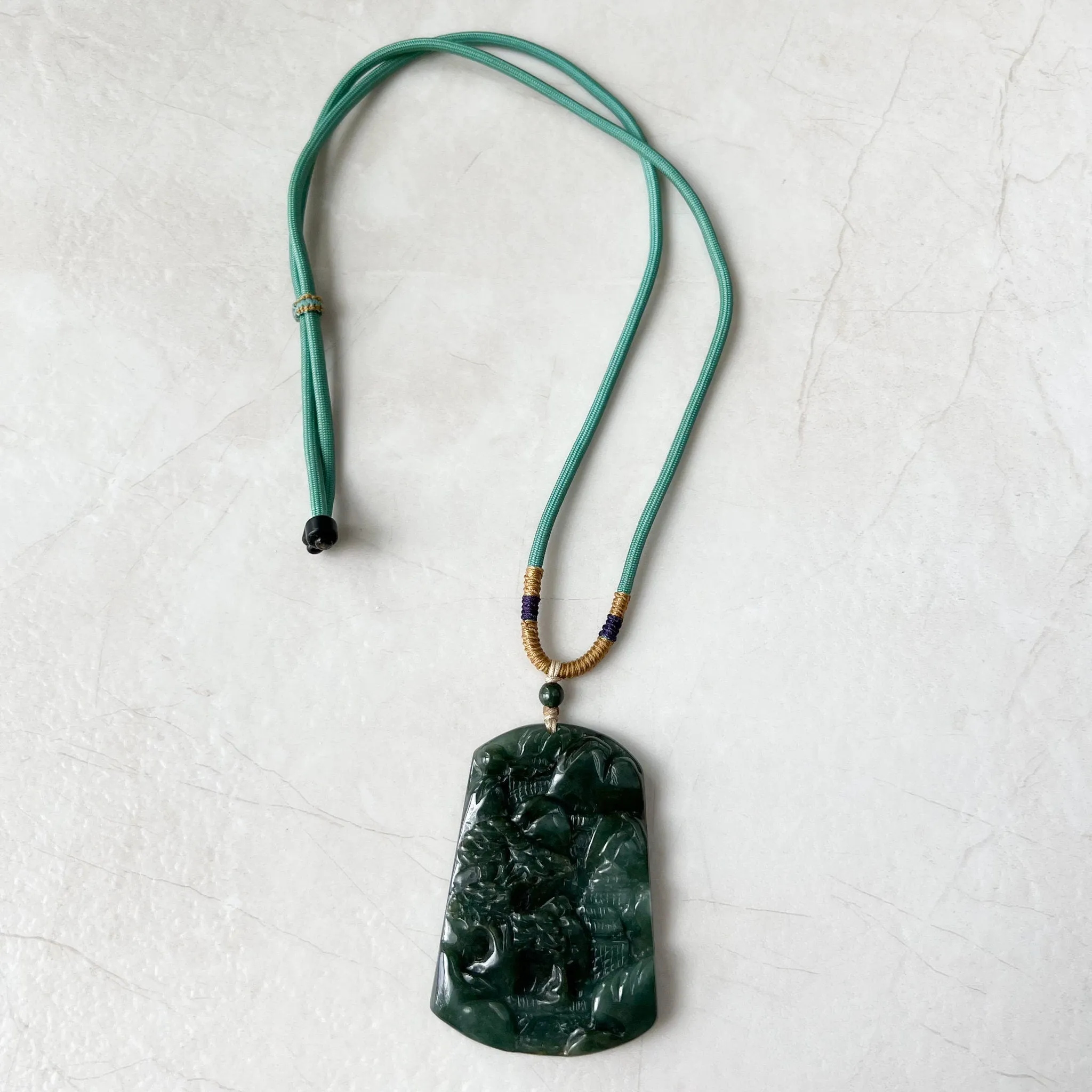Jadeite Jade Landscape Mountain Forest River Scenery Hand Carved Pendant Necklace, YJ-1221-0170328