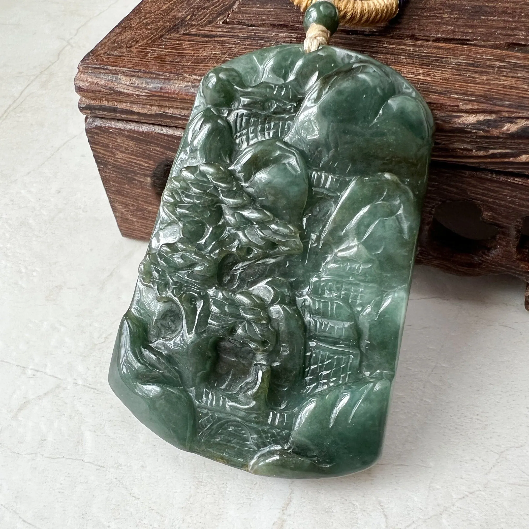 Jadeite Jade Landscape Mountain Forest River Scenery Hand Carved Pendant Necklace, YJ-1221-0170328