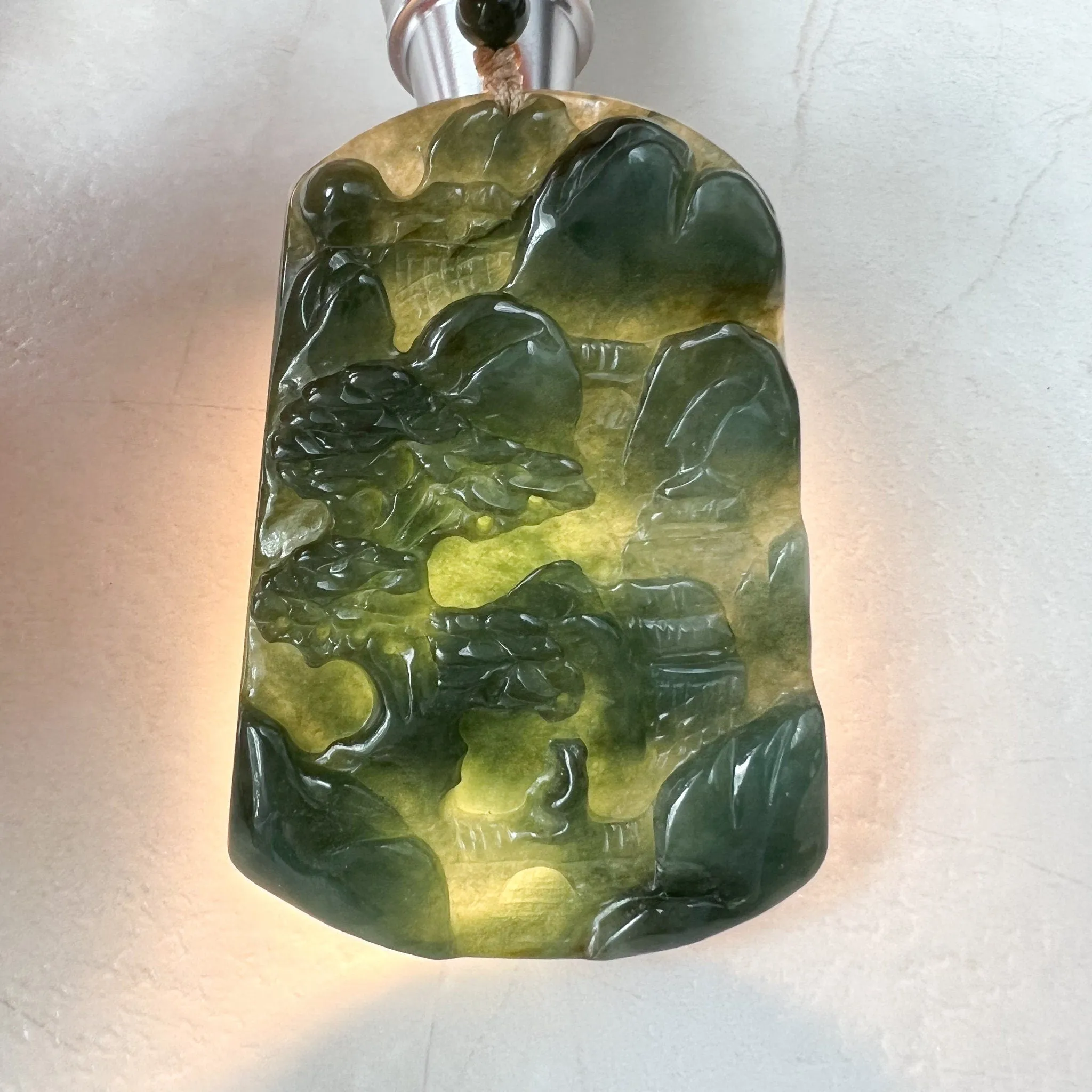 Jadeite Jade Landscape Mountain Forest River Scenery Hand Carved Pendant Necklace, YJ-1221-0170328