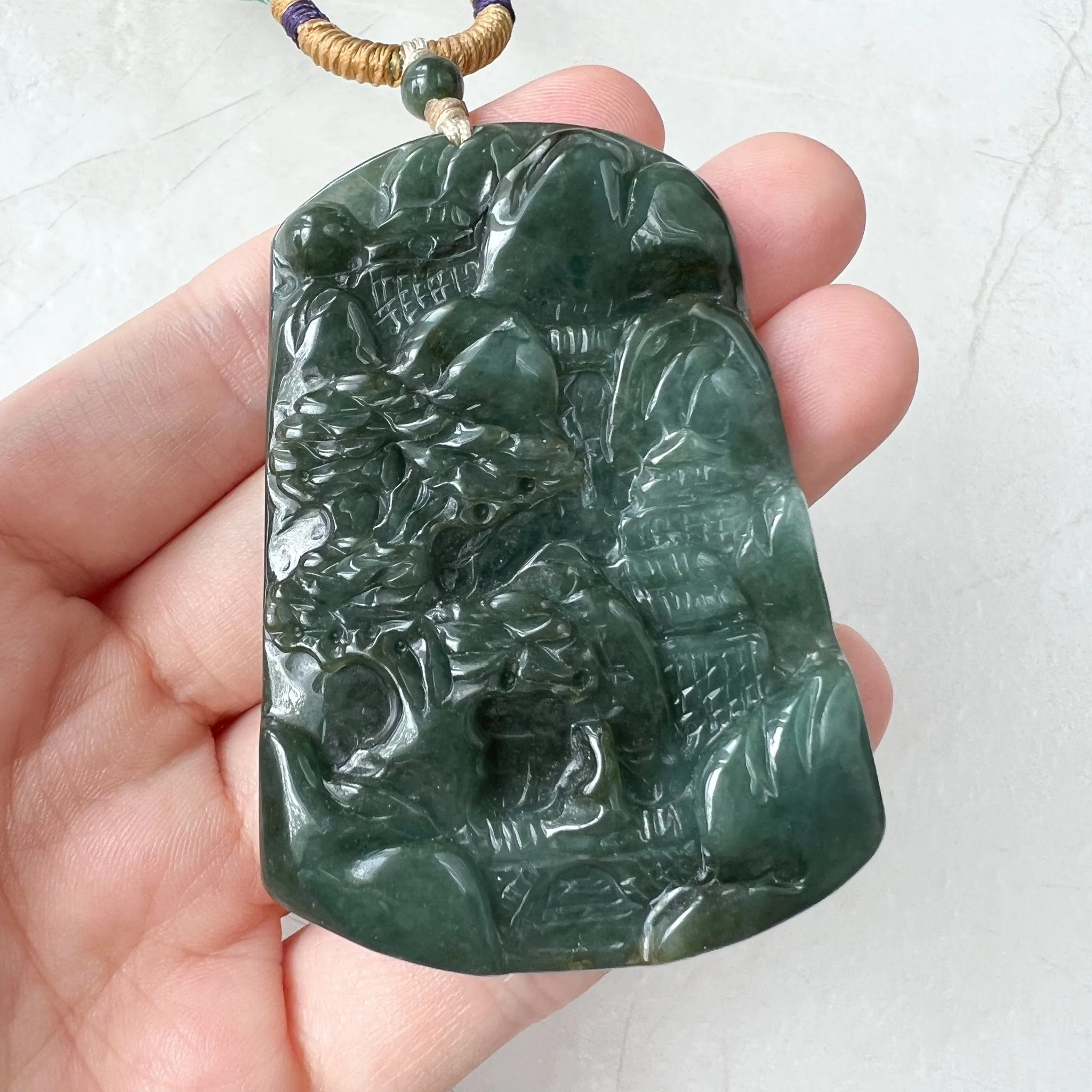 Jadeite Jade Landscape Mountain Forest River Scenery Hand Carved Pendant Necklace, YJ-1221-0170328