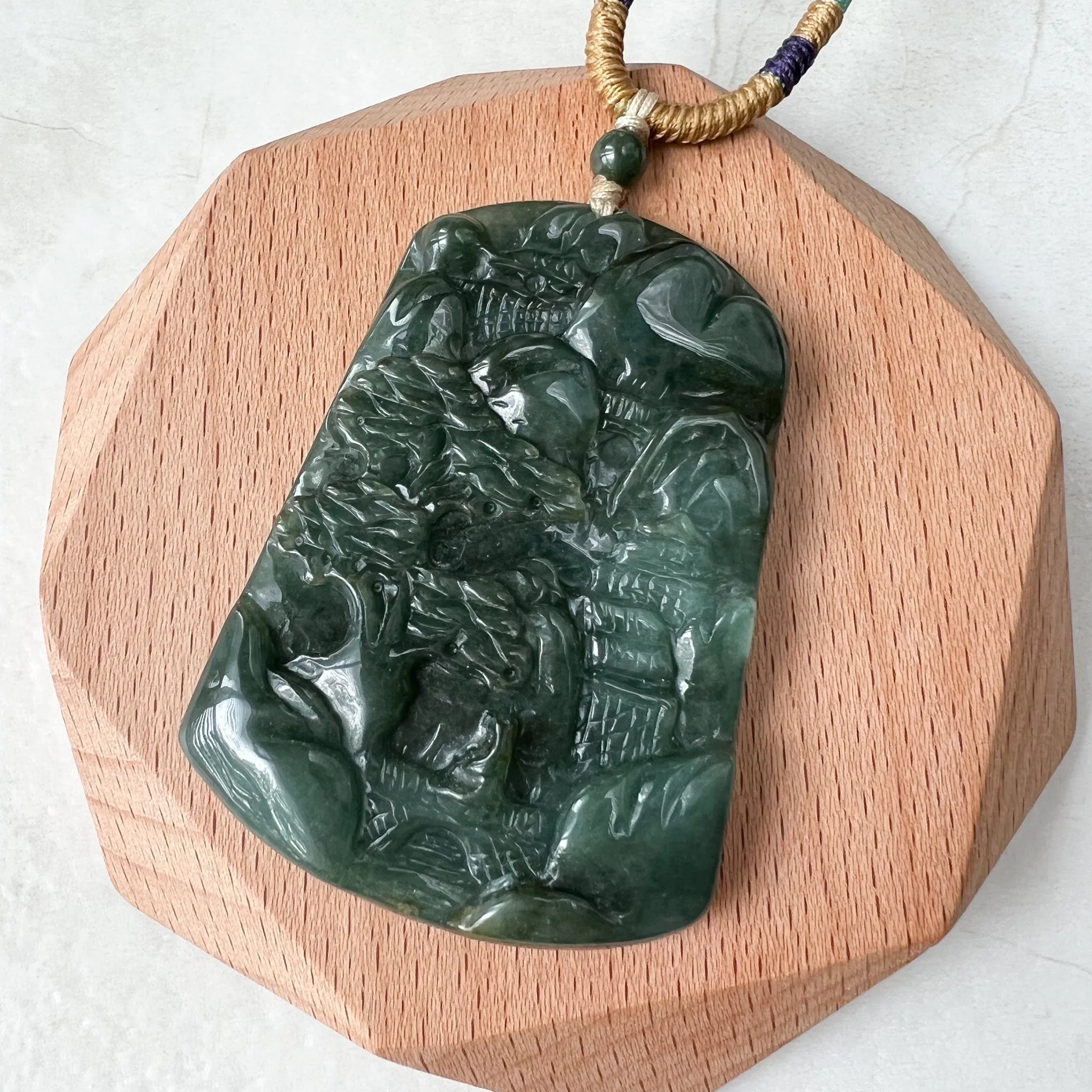 Jadeite Jade Landscape Mountain Forest River Scenery Hand Carved Pendant Necklace, YJ-1221-0170328