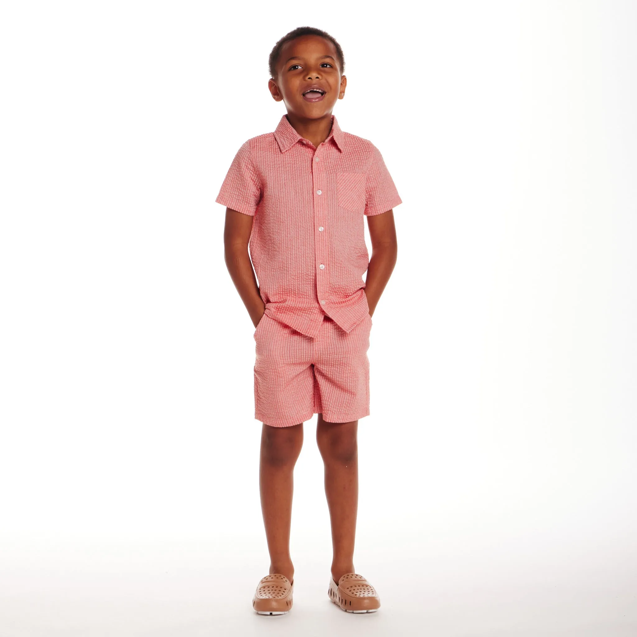 Kids (2-8) Short Sleeve Buttondown & Short Set | Coral Seersucker